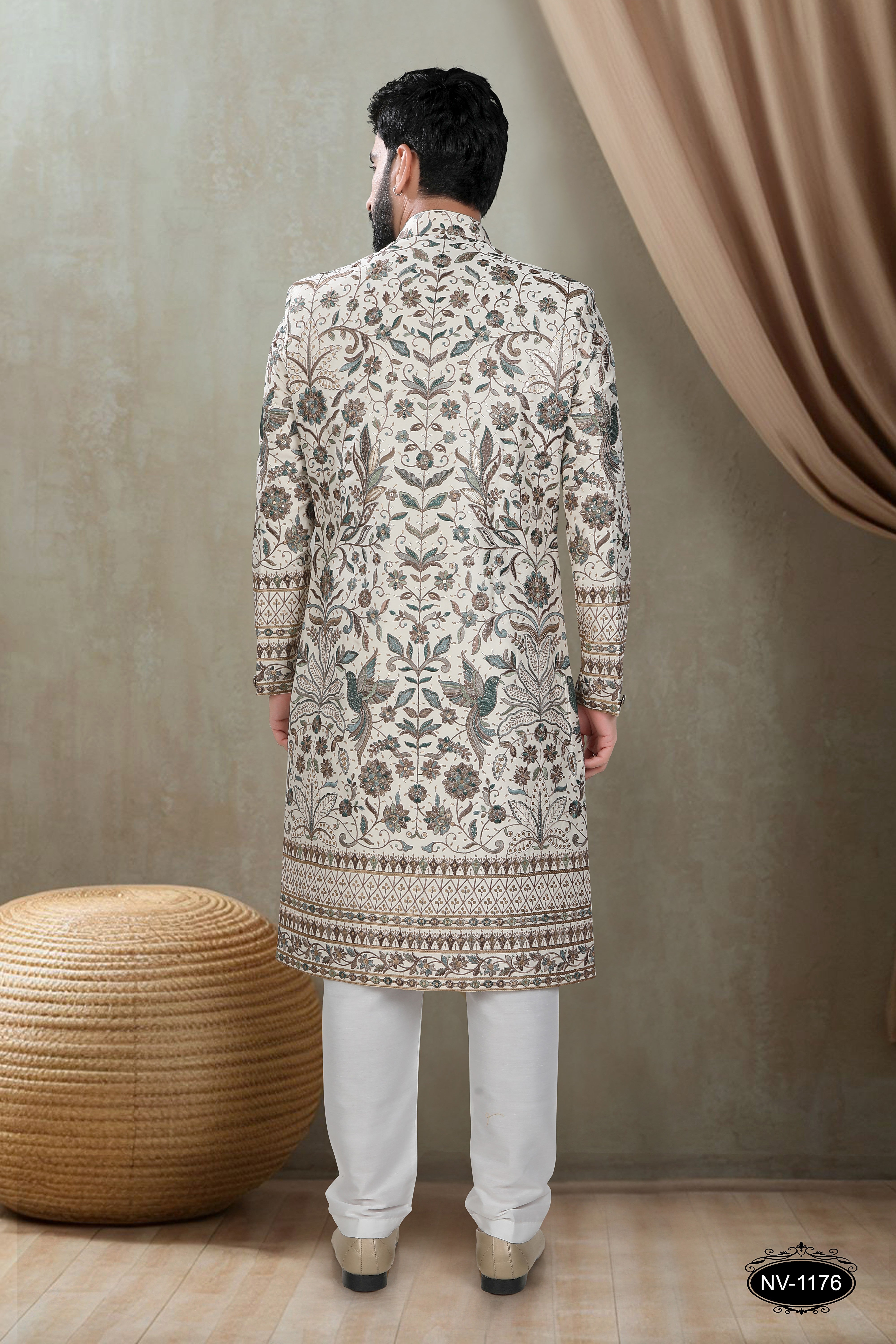 OFF-WHITE BASE SHERWANI SET WITH HEAVY EMBROIDERY ALL-OVER