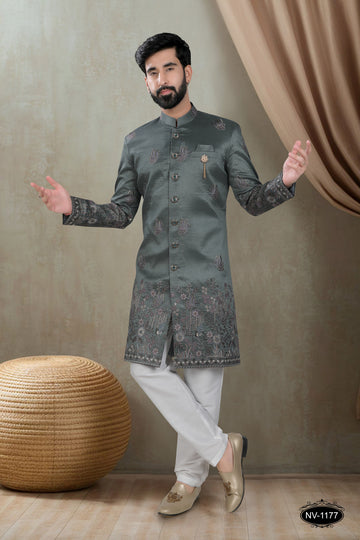METALLIC-GREEN HUE INDO-WESTERN SET WITH HEAVY PANEL EMBROIDERY