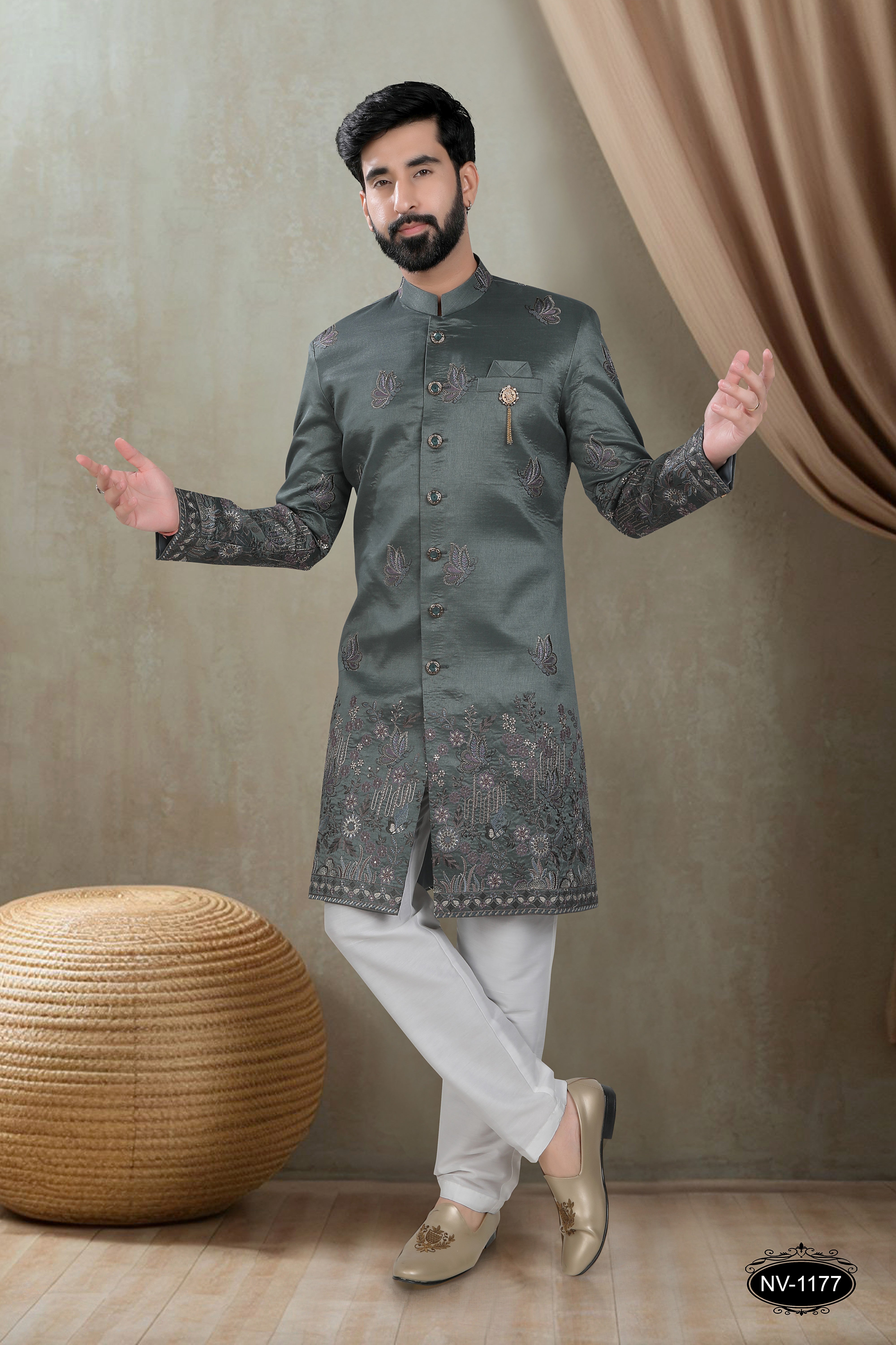 METALLIC-GREEN HUE INDO-WESTERN SET WITH HEAVY PANEL EMBROIDERY