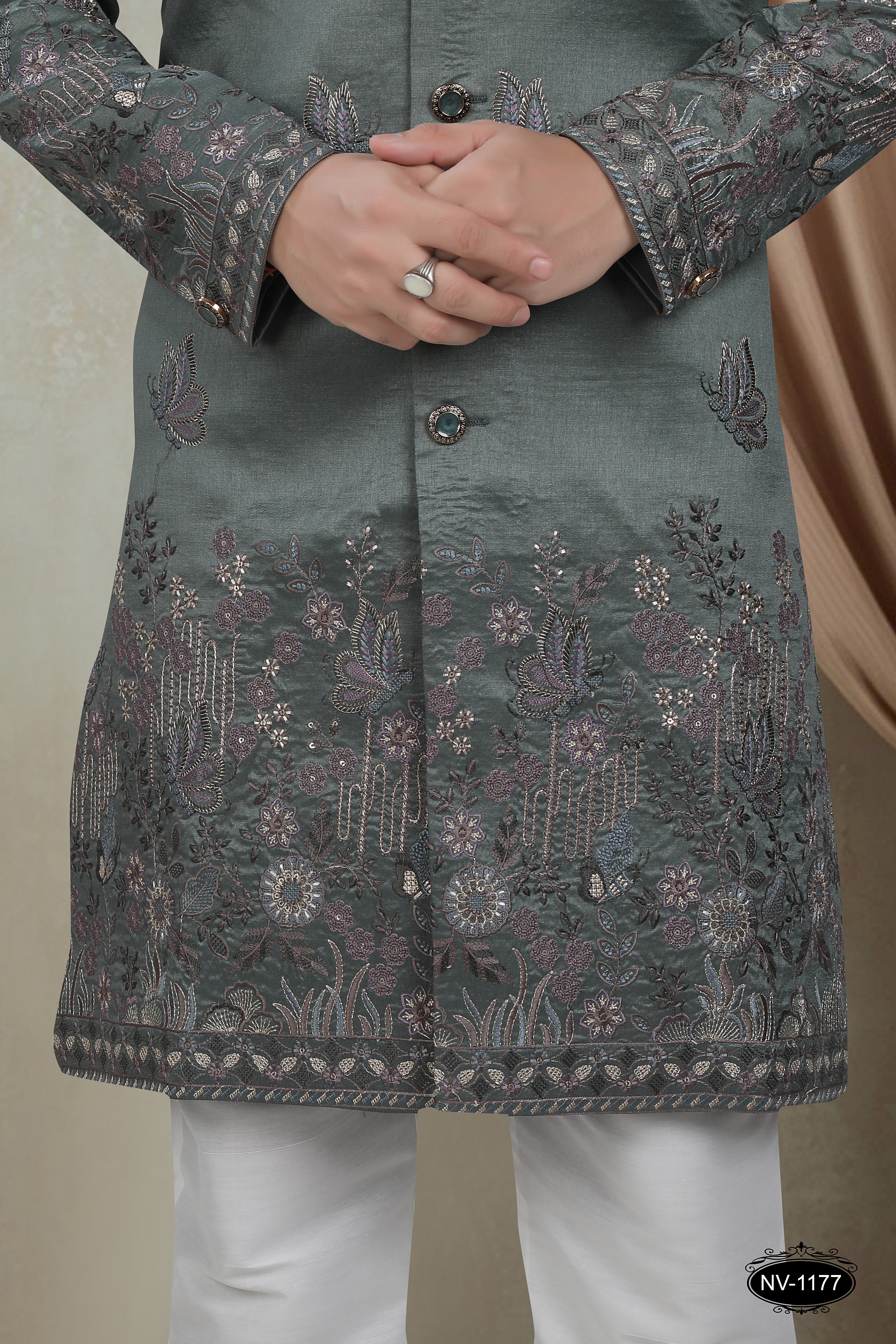 METALLIC-GREEN HUE INDO-WESTERN SET WITH HEAVY PANEL EMBROIDERY