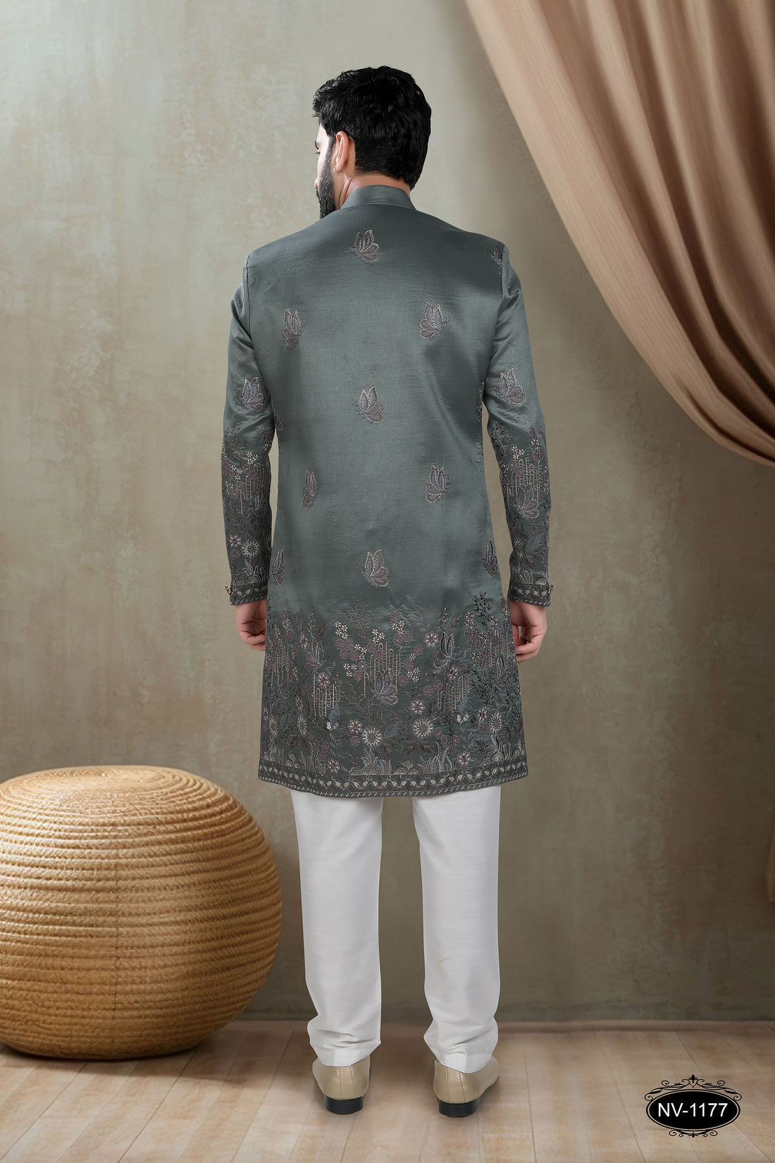METALLIC-GREEN HUE INDO-WESTERN SET WITH HEAVY PANEL EMBROIDERY