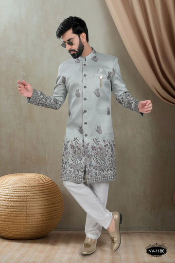 GREEN HUE INDO-WESTERN SET WITH HEAVY PANEL EMBROIDERY