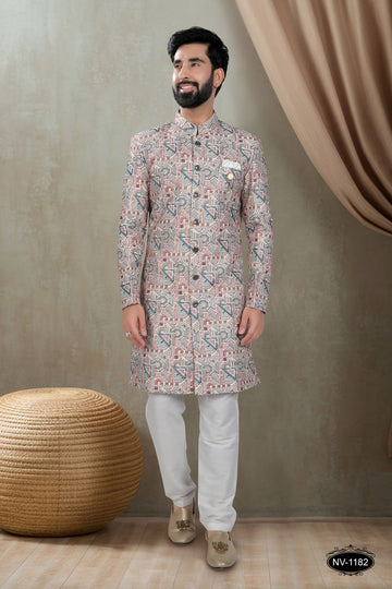 INDO-WESTERN SET IN MULTI-TONE ( WHITE-BASE ) FOR EVERY CEREMONIES