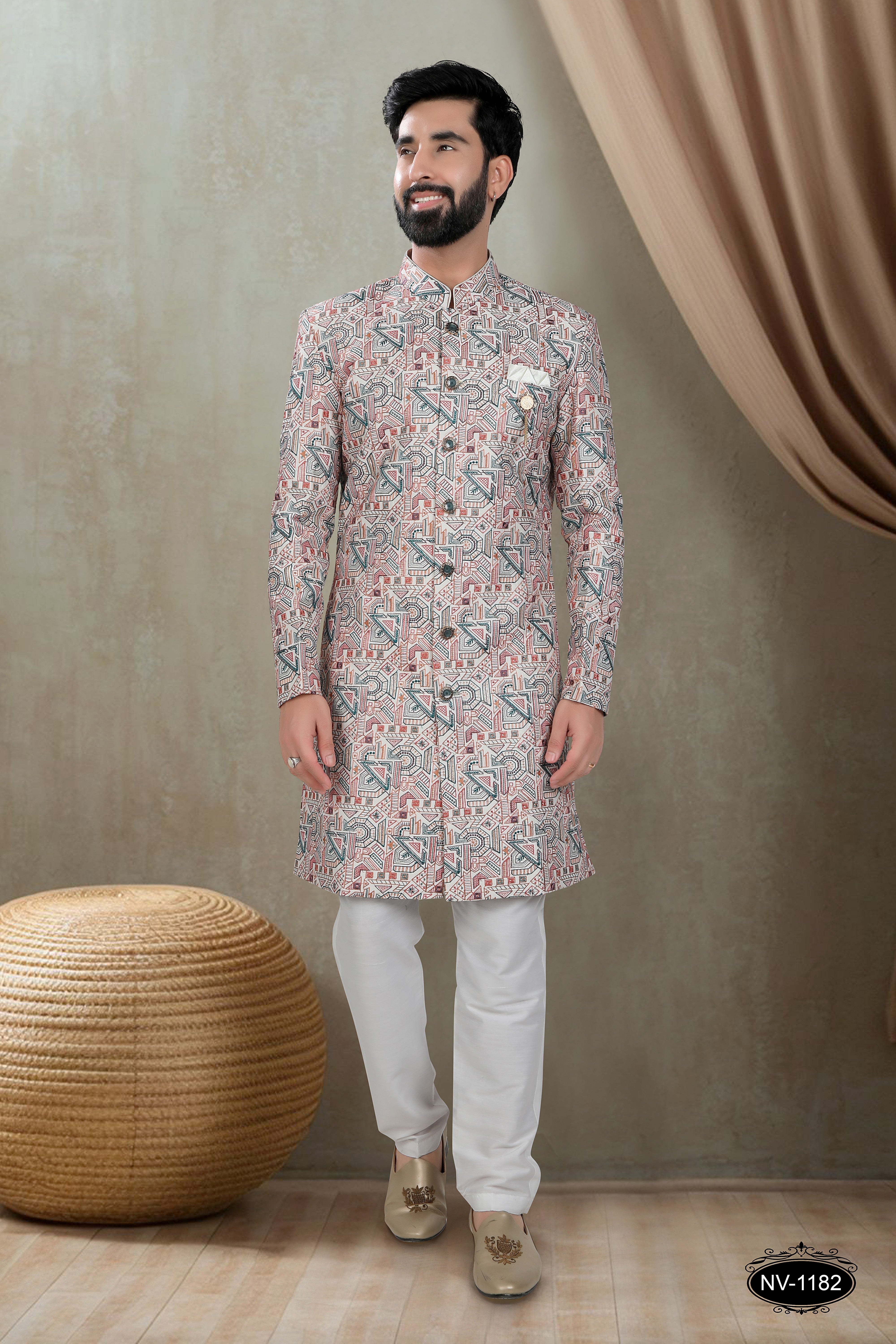 INDO-WESTERN SET IN MULTI-TONE ( WHITE-BASE ) FOR EVERY CEREMONIES
