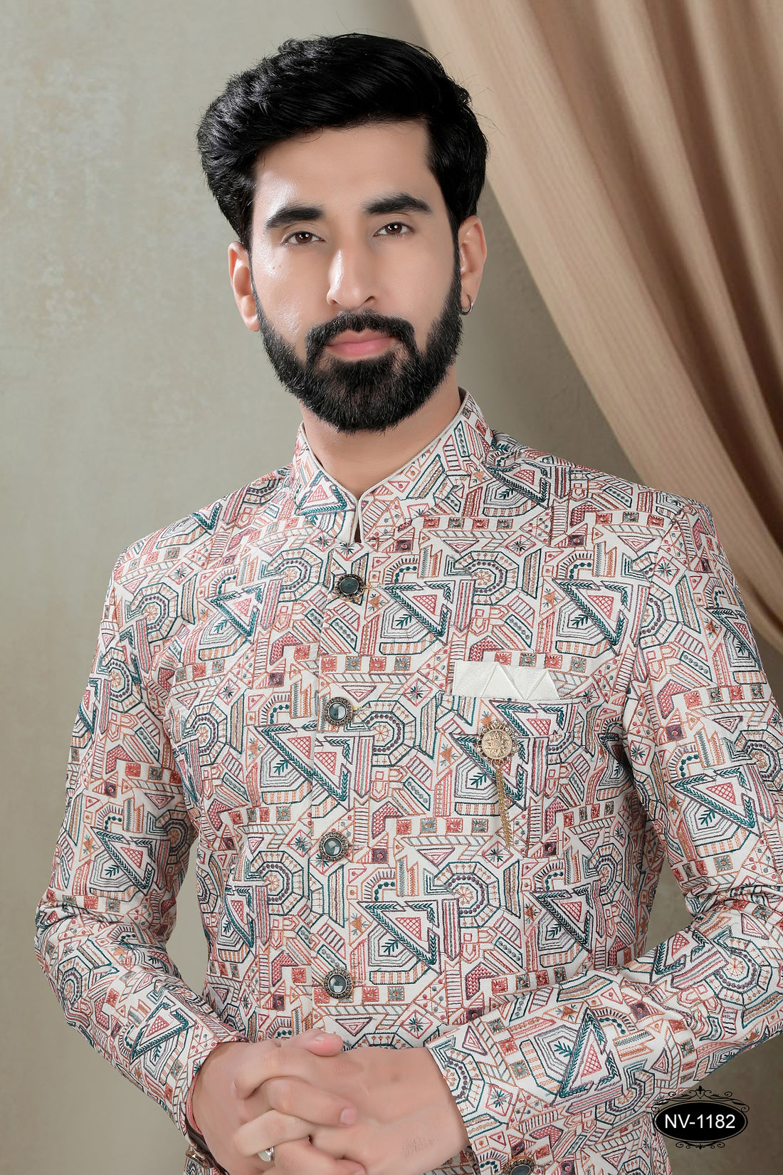 INDO-WESTERN SET IN MULTI-TONE ( WHITE-BASE ) FOR EVERY CEREMONIES