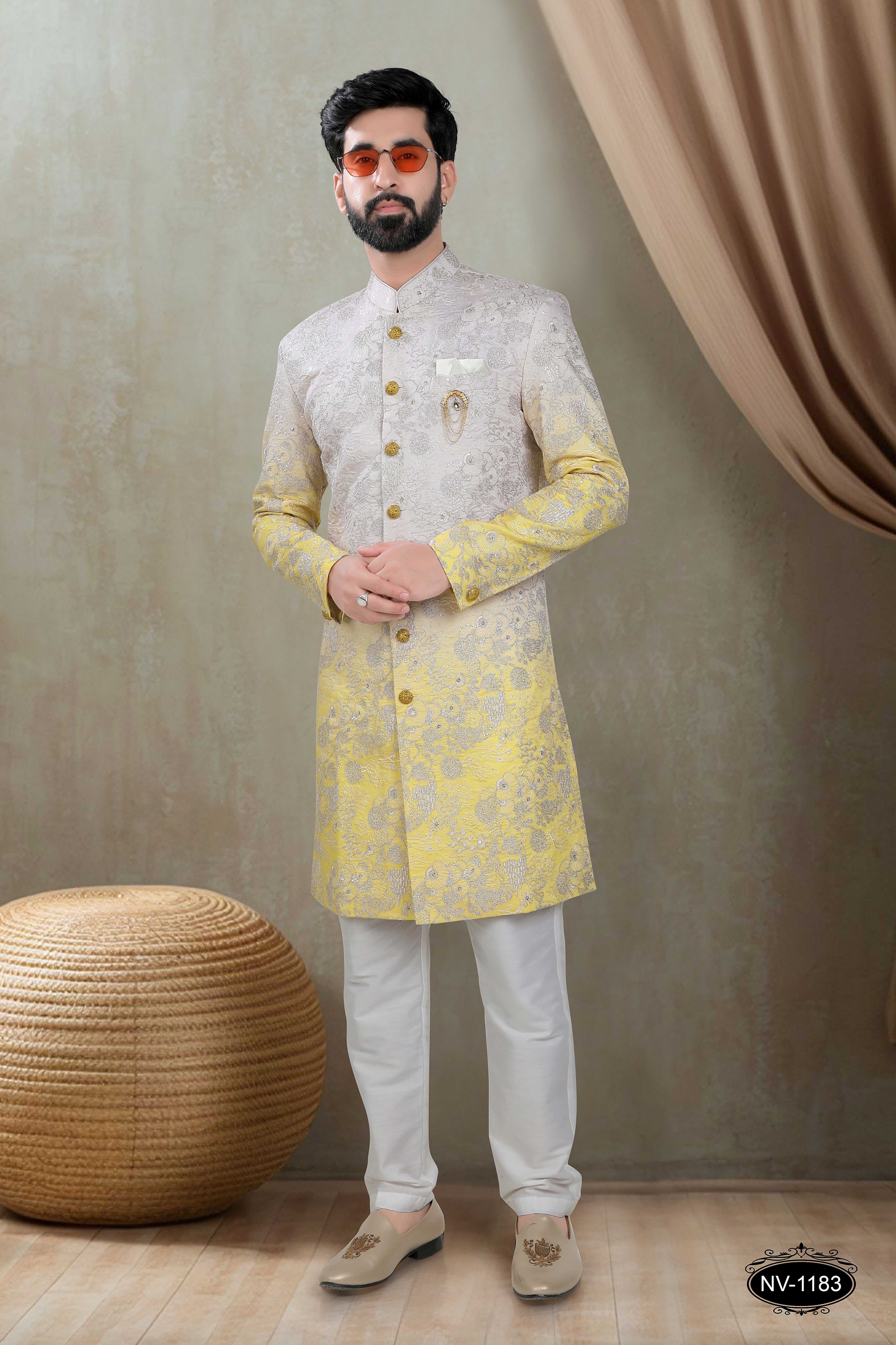 CREAM & YELLOW TONE INDO-WESTERN SET WITH HEAVY EMBROIDERY ALL-OVER