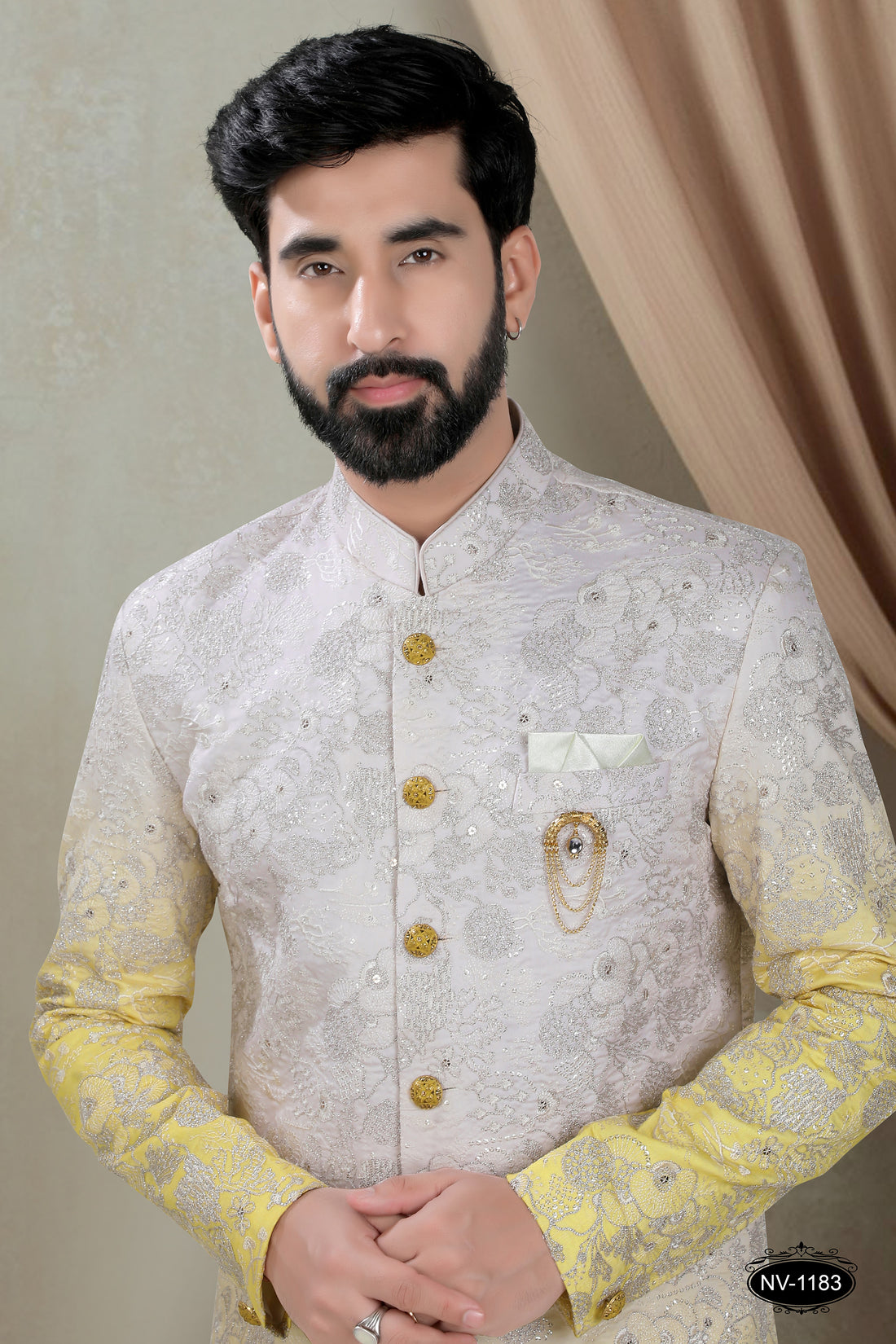 CREAM & YELLOW TONE INDO-WESTERN SET WITH HEAVY EMBROIDERY ALL-OVER