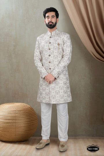 INDO-WESTERN SET IN CREAM-BASE WITH HEAVY EMBROIDERY AL-OVER