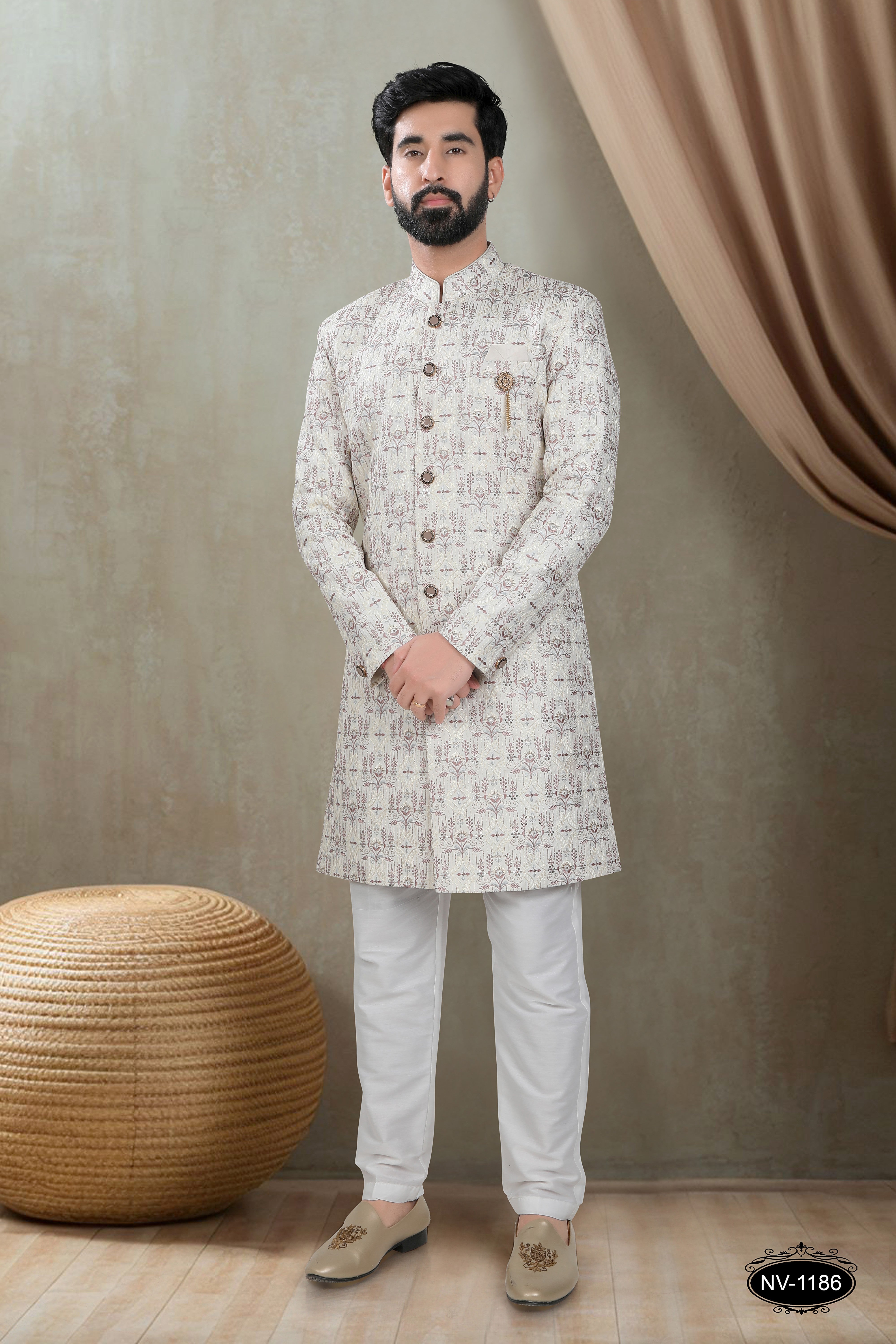 INDO-WESTERN SET IN CREAM-BASE WITH HEAVY EMBROIDERY AL-OVER