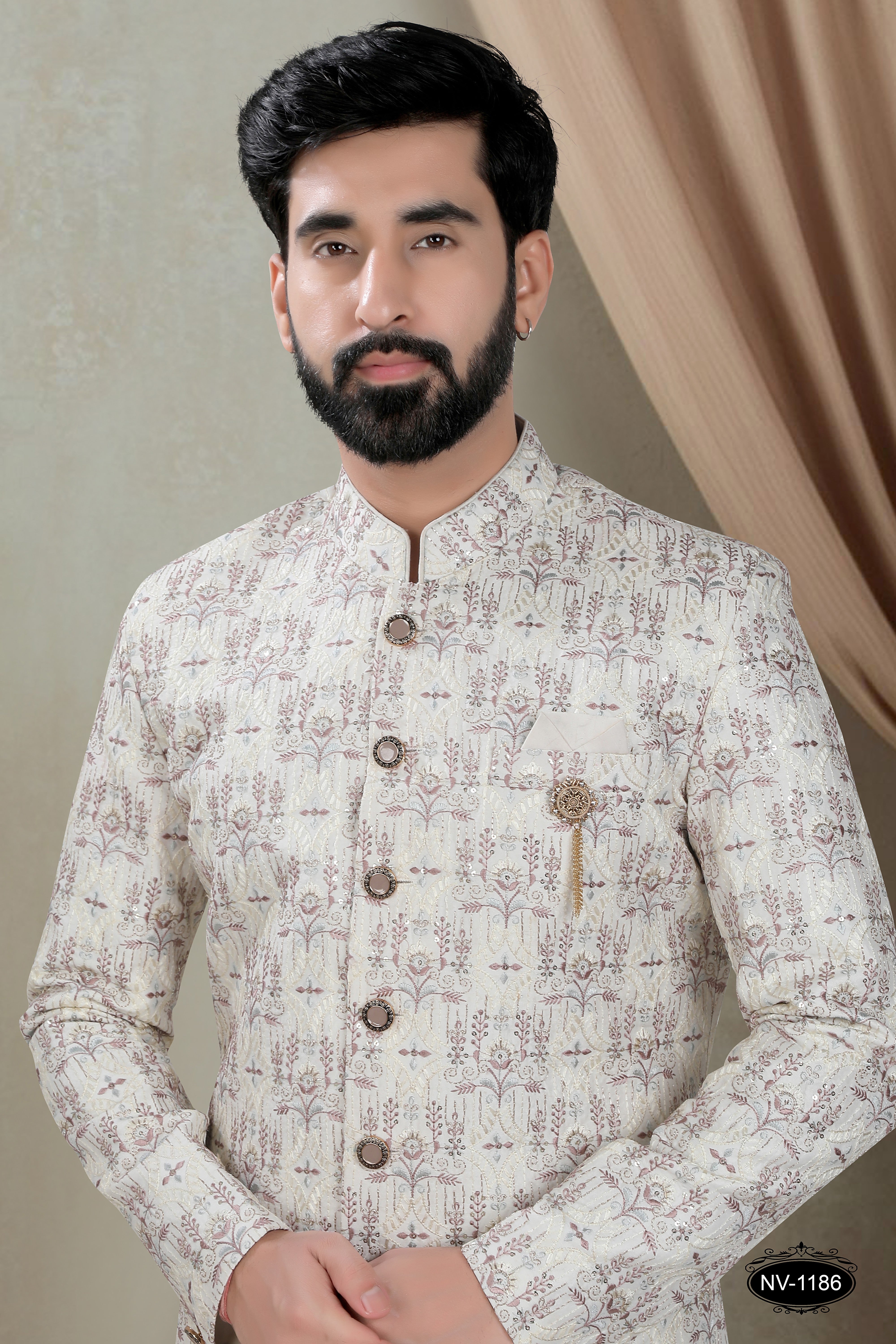 INDO-WESTERN SET IN CREAM-BASE WITH HEAVY EMBROIDERY AL-OVER