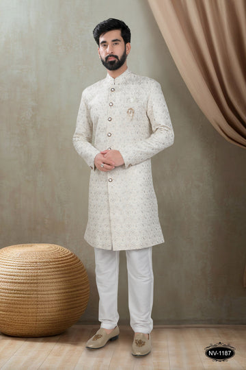 INDO-WESTERN SET IN CREAM-BASE WITH HEAVY EMBROIDERY ALL-OVER