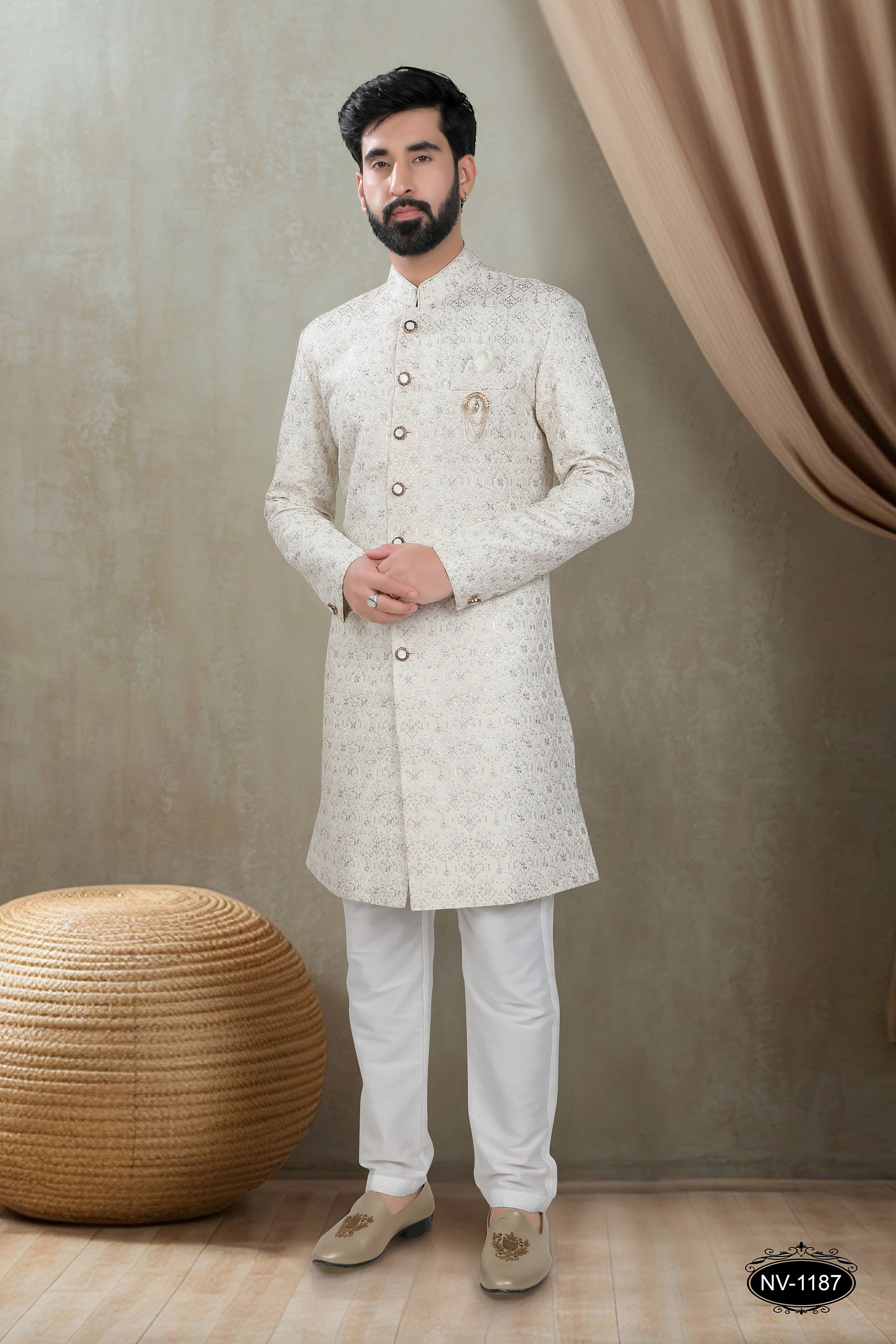 INDO-WESTERN SET IN CREAM-BASE WITH HEAVY EMBROIDERY ALL-OVER