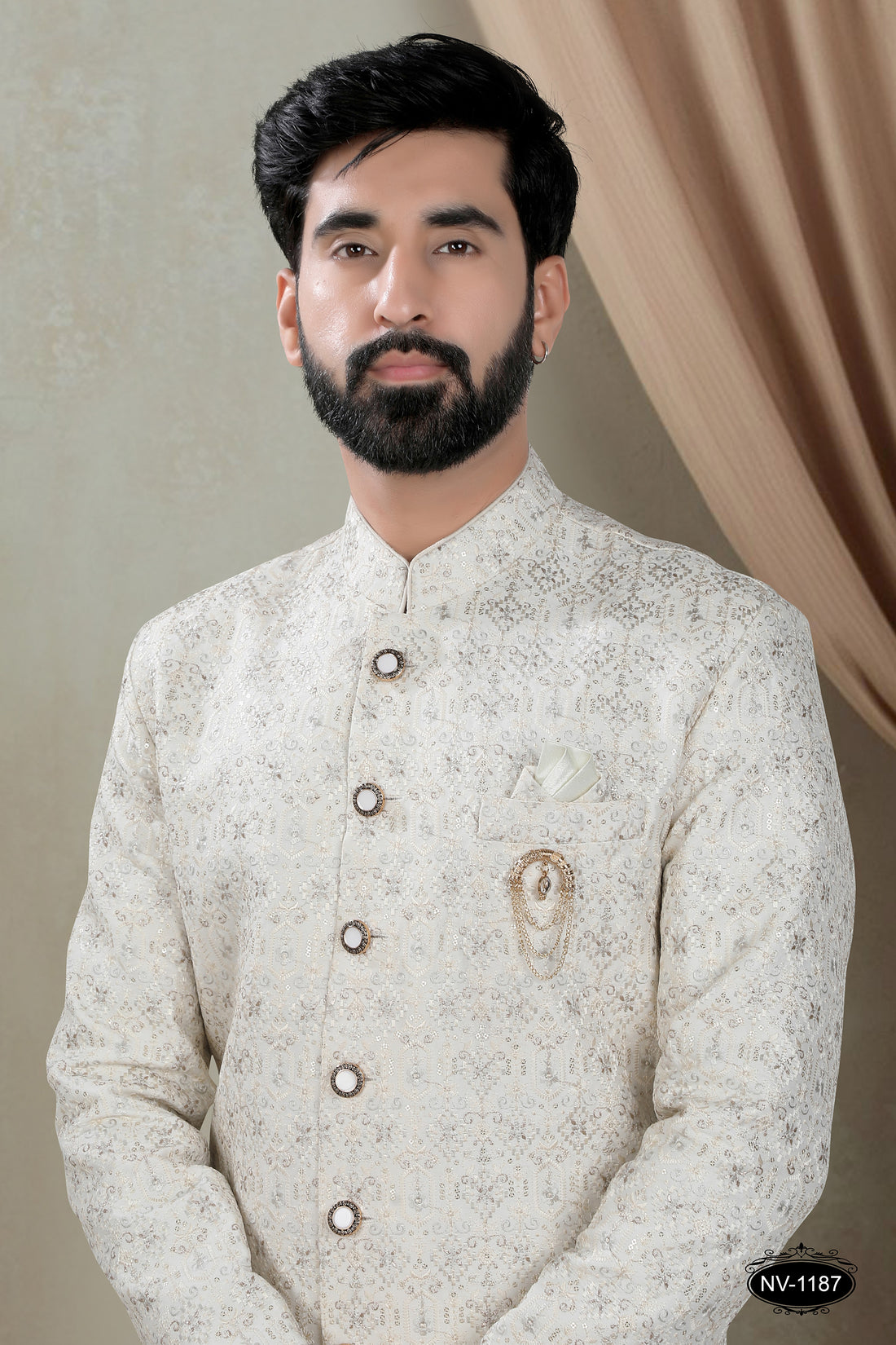 INDO-WESTERN SET IN CREAM-BASE WITH HEAVY EMBROIDERY ALL-OVER
