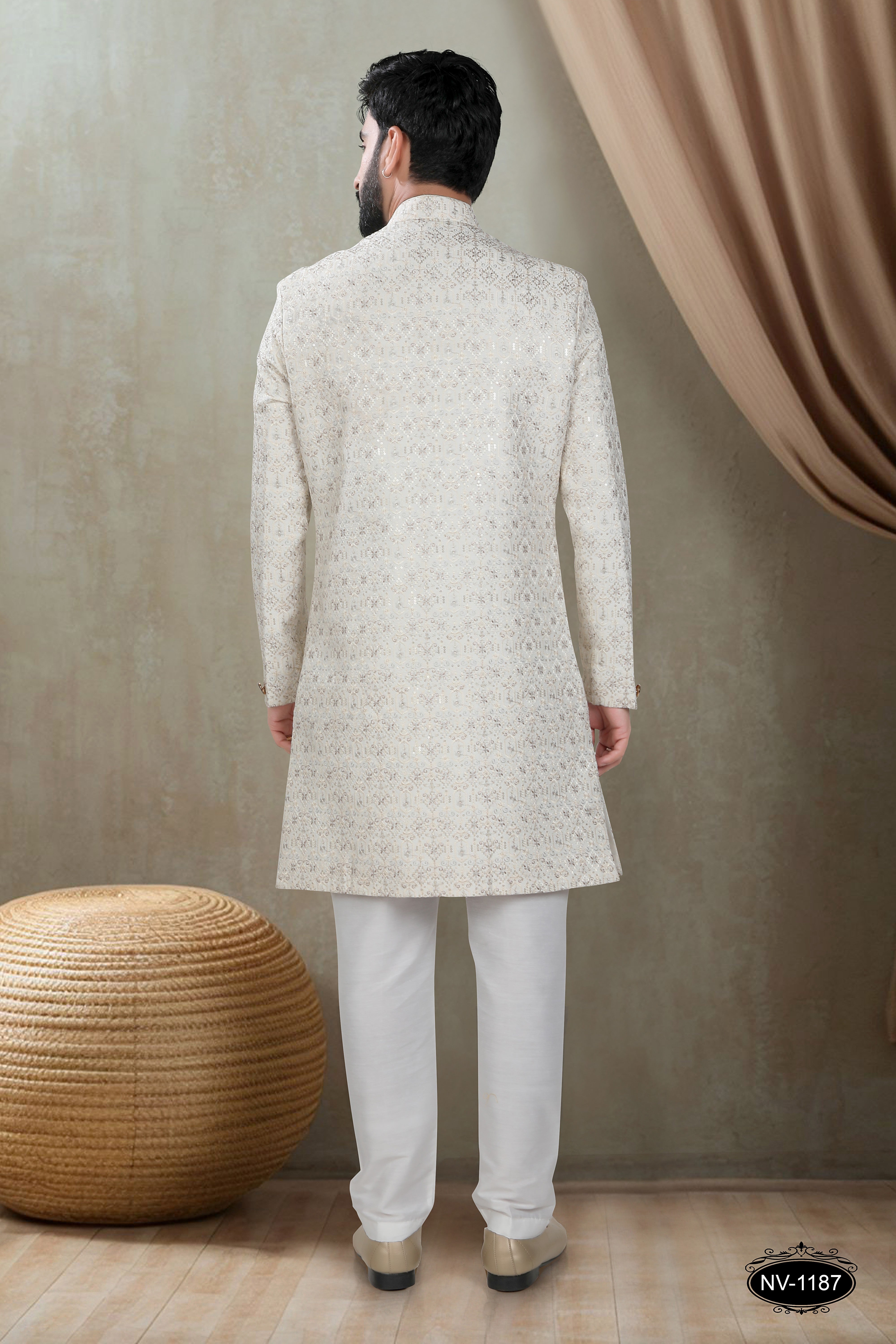 INDO-WESTERN SET IN CREAM-BASE WITH HEAVY EMBROIDERY ALL-OVER