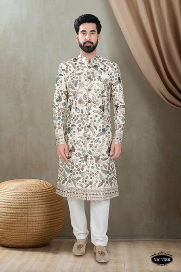 INDO-WESTERN IN CREAM-BASE TONE WITH HEAVY EMBROIDERY ALL-OVER