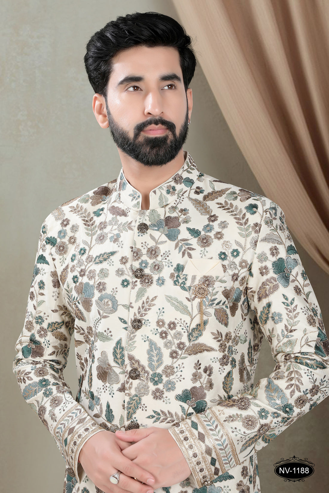 INDO-WESTERN IN CREAM-BASE TONE WITH HEAVY EMBROIDERY ALL-OVER