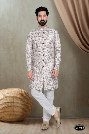 CREAM-BASE INDO-WESTERN SET WITH HEAVY EMBROIDERY ALL-OVER
