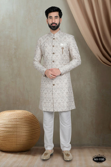 CREAM-BASE INDO-WESTERN SET WITH THREAD EMBROIDERY ALL-OVER