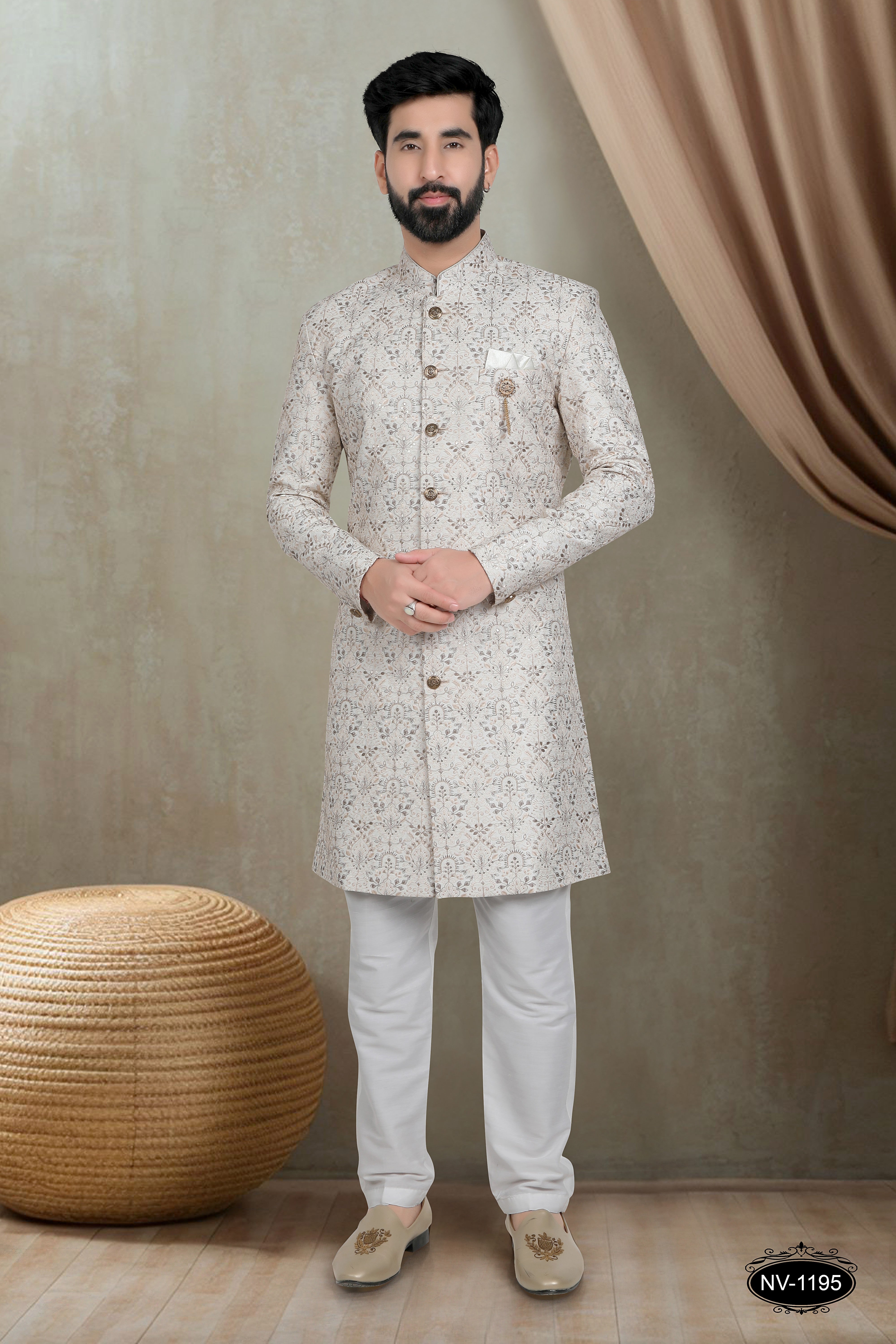 CREAM-BASE INDO-WESTERN SET WITH THREAD EMBROIDERY ALL-OVER