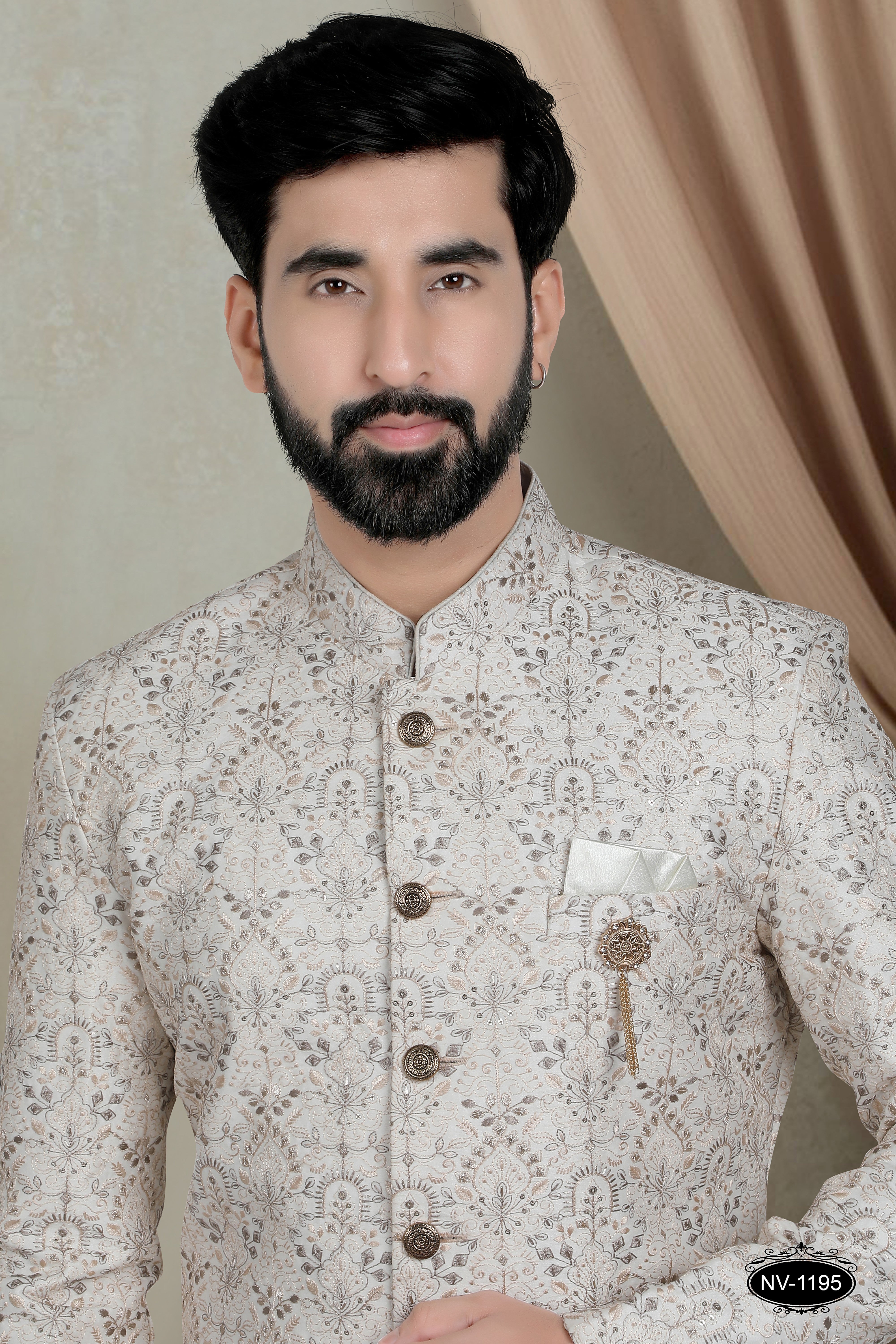 CREAM-BASE INDO-WESTERN SET WITH THREAD EMBROIDERY ALL-OVER