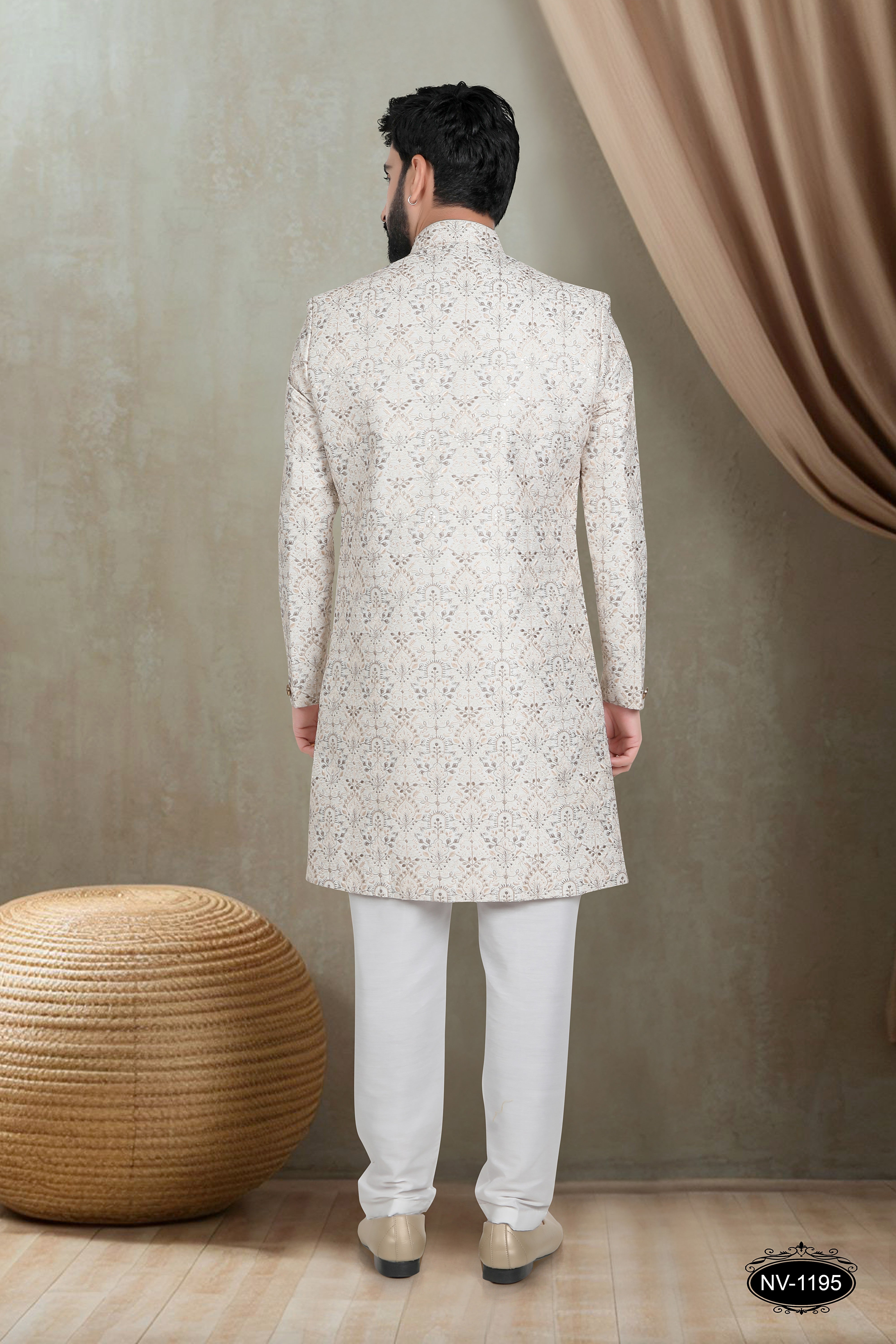 CREAM-BASE INDO-WESTERN SET WITH THREAD EMBROIDERY ALL-OVER