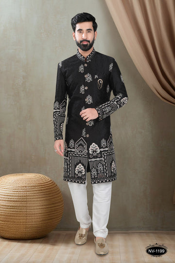 BLACK HUE INDO-WESTERN SET WITH HEAVY PANEL EMBROIDERY AND THREAD WORK ALL-OVER