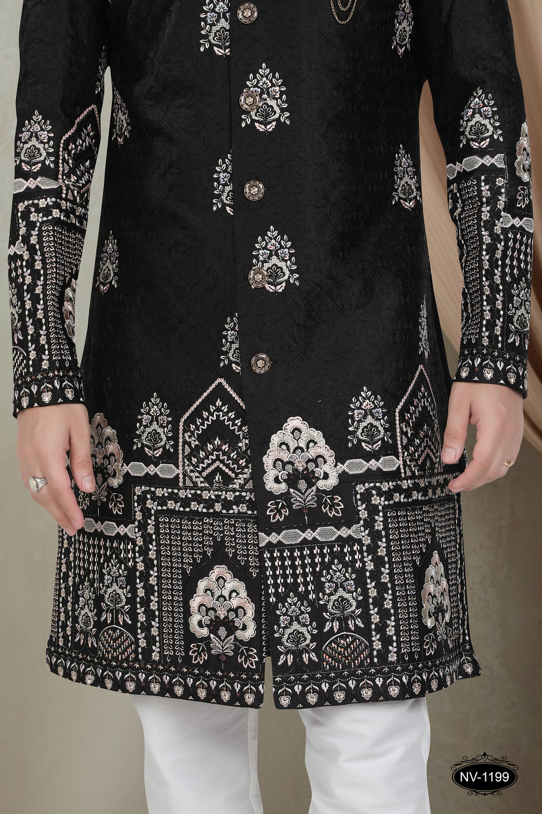 BLACK HUE INDO-WESTERN SET WITH HEAVY PANEL EMBROIDERY AND THREAD WORK ALL-OVER