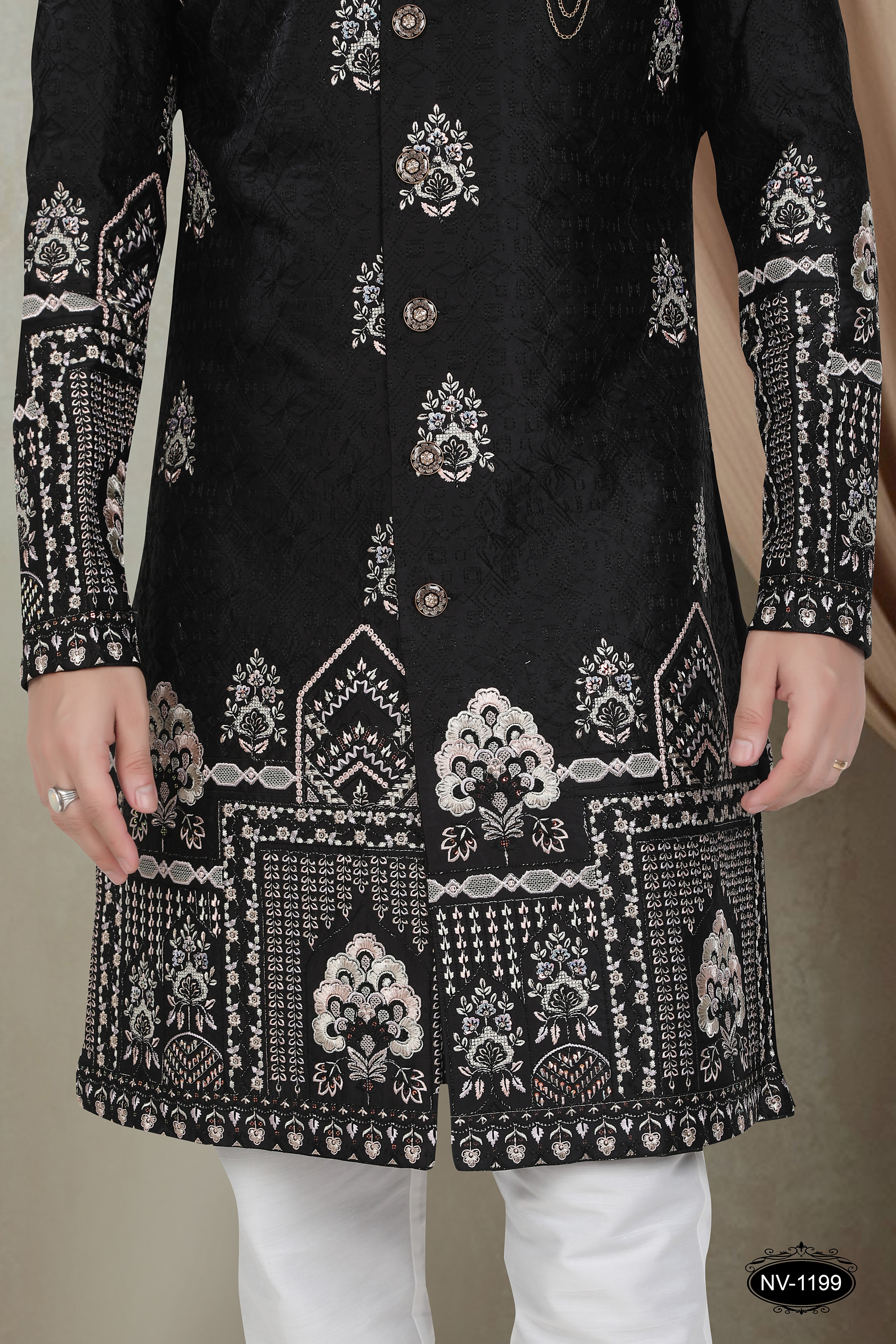 BLACK HUE INDO-WESTERN SET WITH HEAVY PANEL EMBROIDERY AND THREAD WORK ALL-OVER