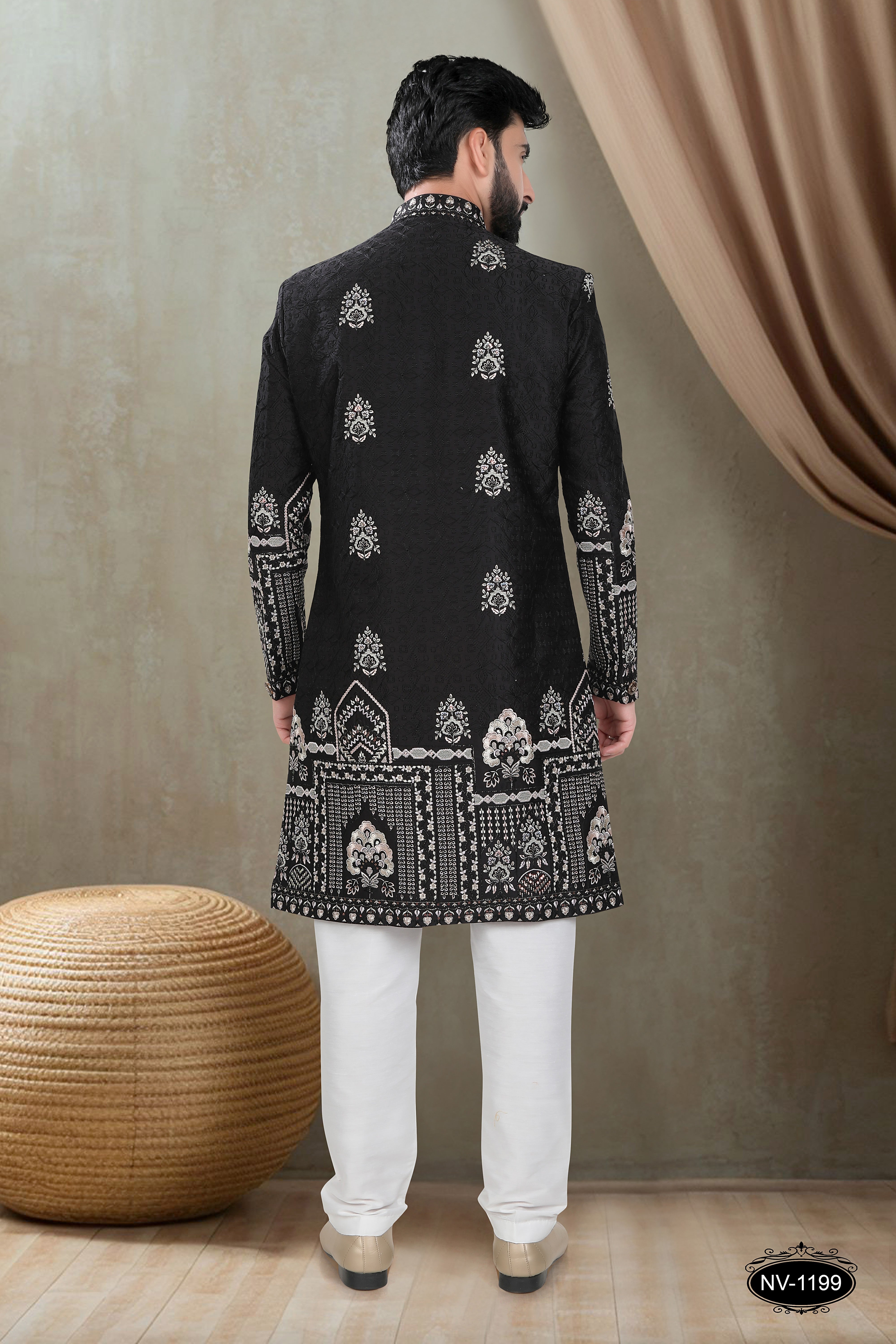 BLACK HUE INDO-WESTERN SET WITH HEAVY PANEL EMBROIDERY AND THREAD WORK ALL-OVER