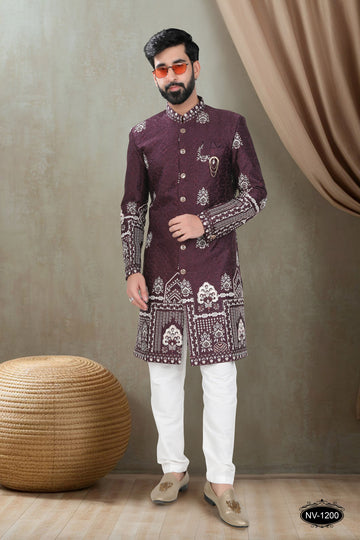 WINE TONE INDO-WESTERN SET WITH HEAVY PANEL EMBROIDERY & THREAD WORK ALL-OVER
