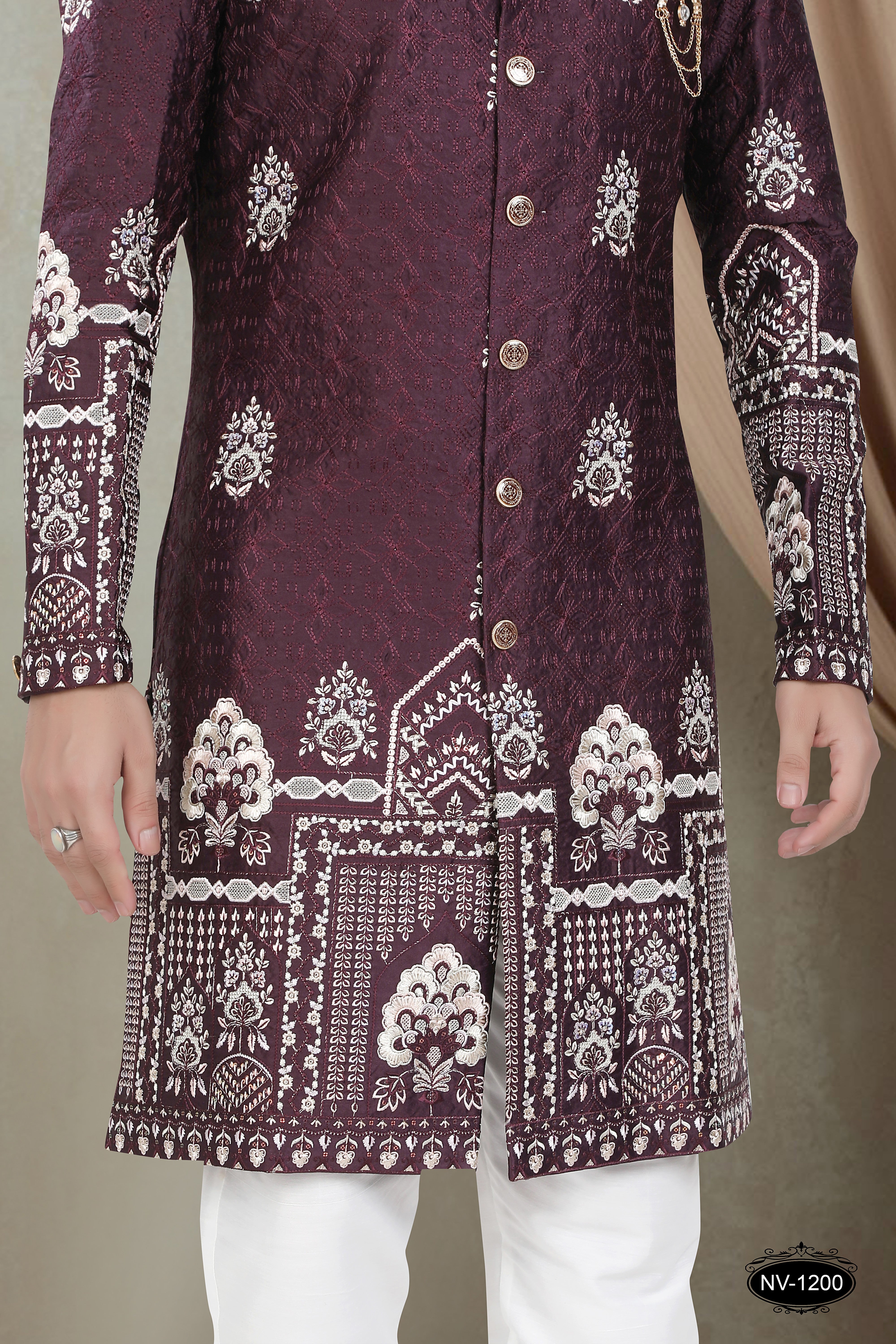 WINE TONE INDO-WESTERN SET WITH HEAVY PANEL EMBROIDERY & THREAD WORK ALL-OVER
