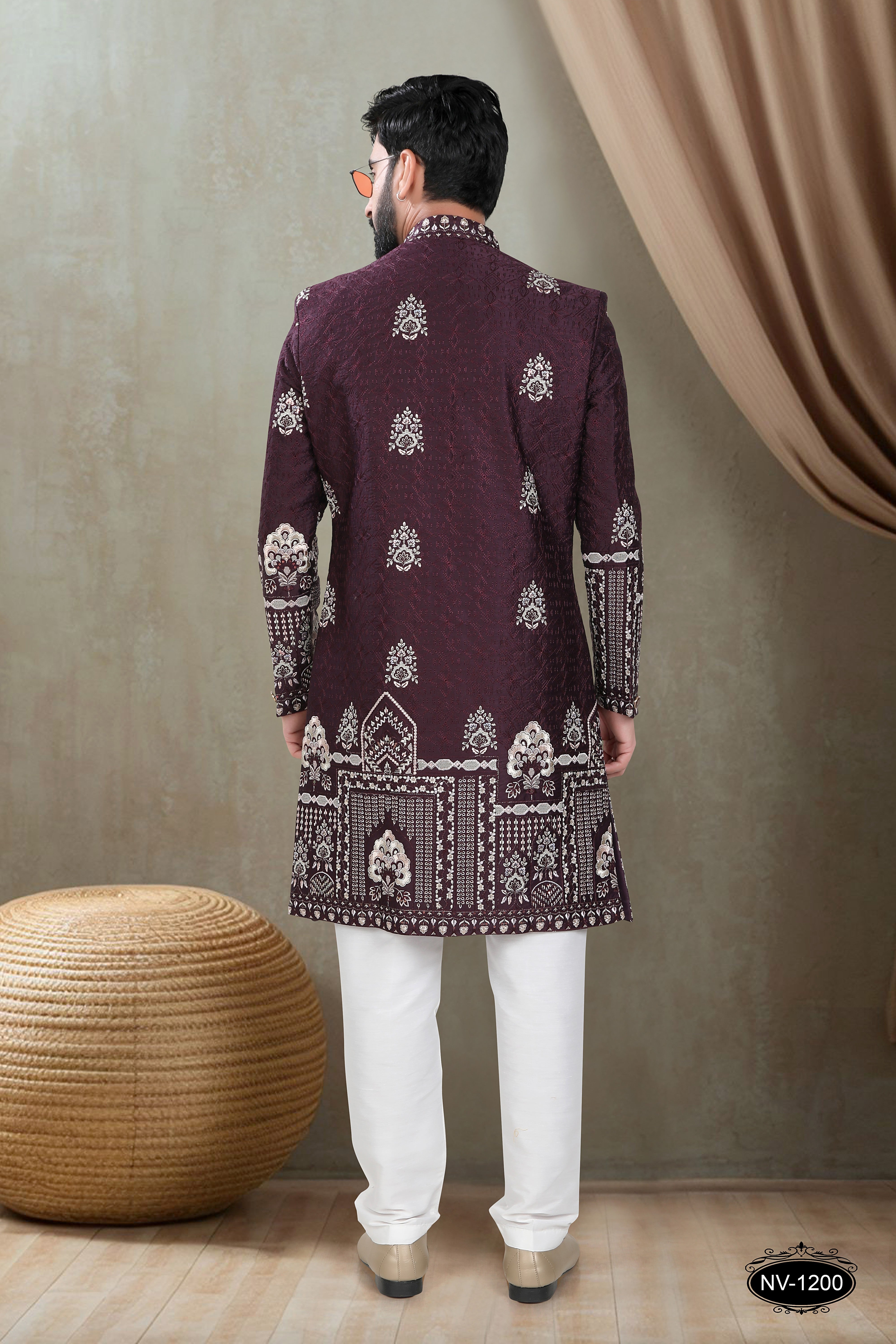 WINE TONE INDO-WESTERN SET WITH HEAVY PANEL EMBROIDERY & THREAD WORK ALL-OVER