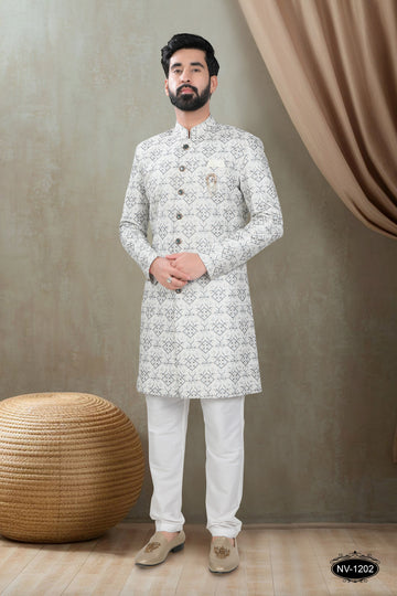 OFF-WHITE-BASE INDO-WESTERN SET WITH HEAVY EMBROIDERY ALL-OVER
