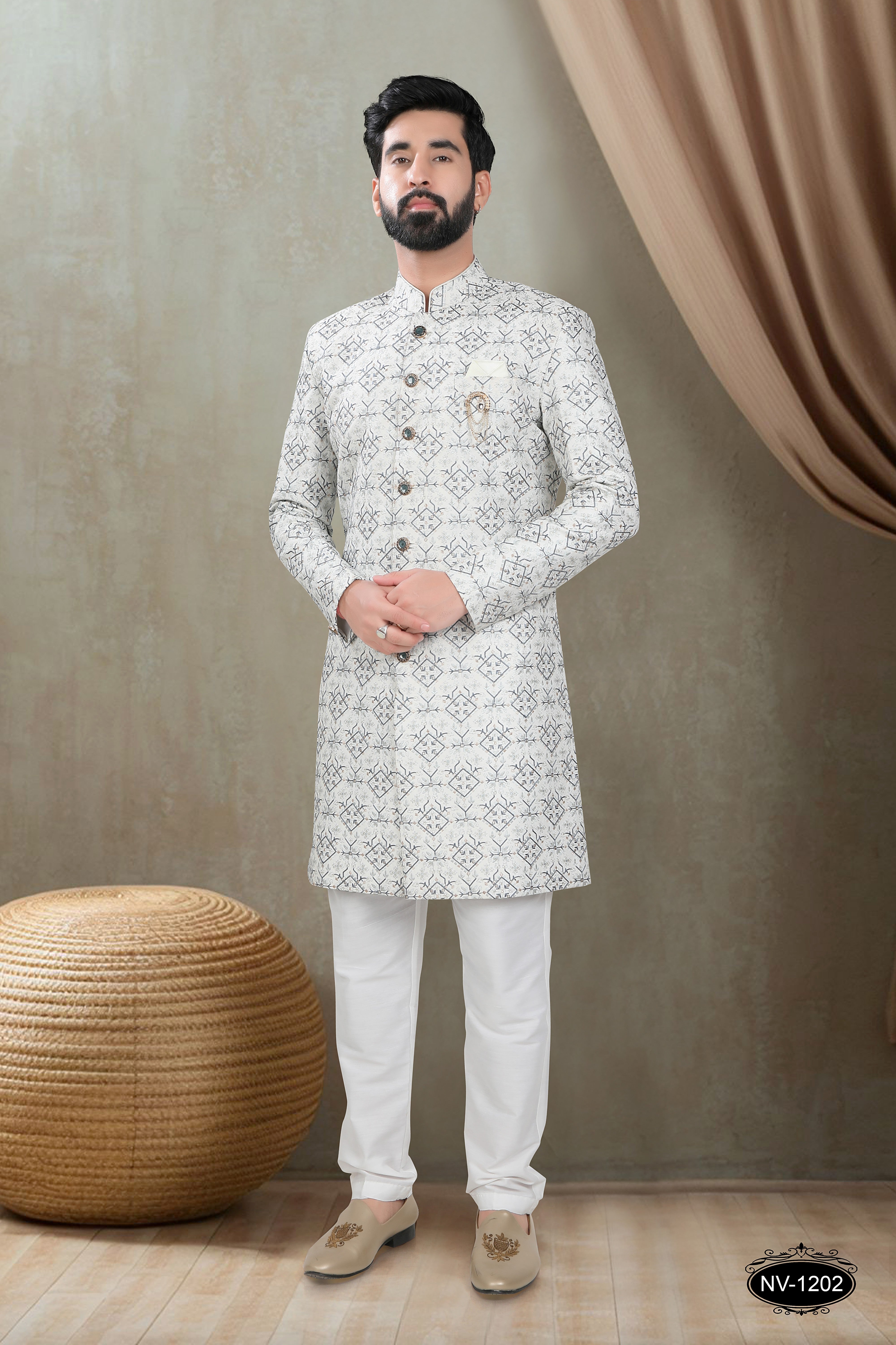 OFF-WHITE-BASE INDO-WESTERN SET WITH HEAVY EMBROIDERY ALL-OVER