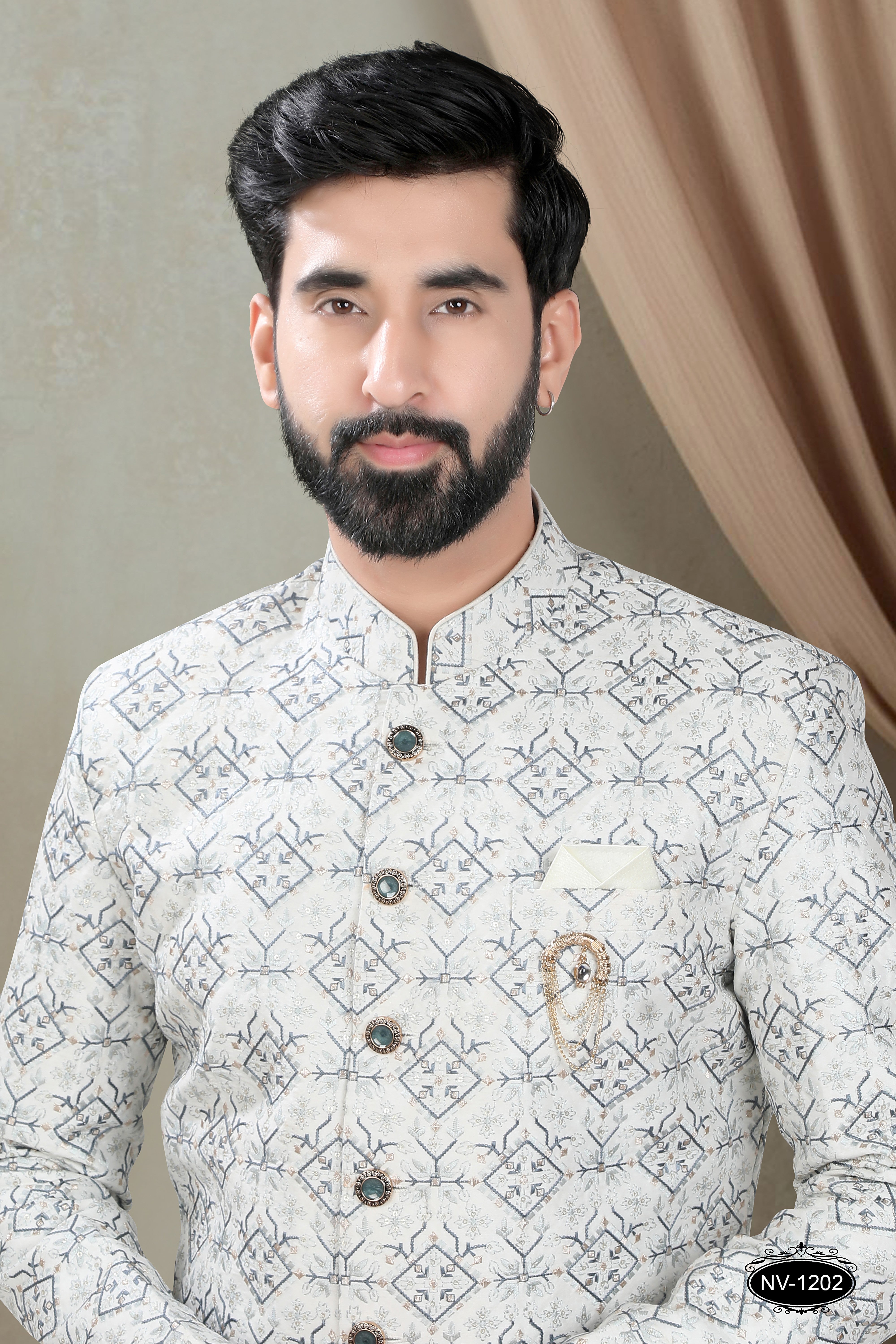 OFF-WHITE-BASE INDO-WESTERN SET WITH HEAVY EMBROIDERY ALL-OVER