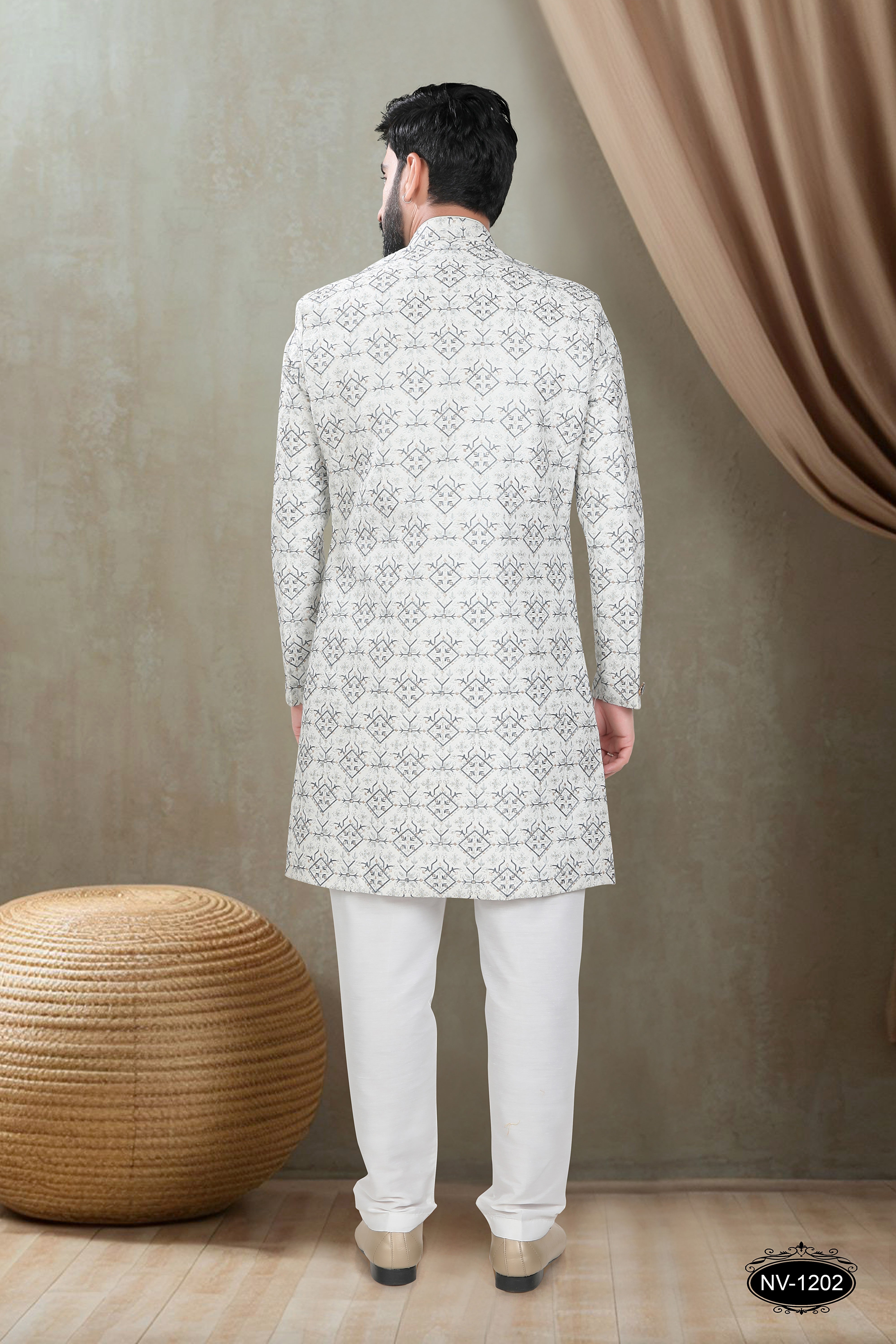 OFF-WHITE-BASE INDO-WESTERN SET WITH HEAVY EMBROIDERY ALL-OVER
