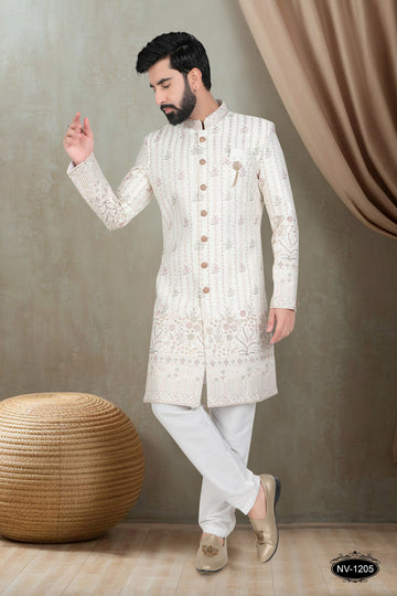 OFF-WHITE ( MULTI-TONE )  INDO-WESTERN SET WITH HEAVY PANEL & THREAD WORK