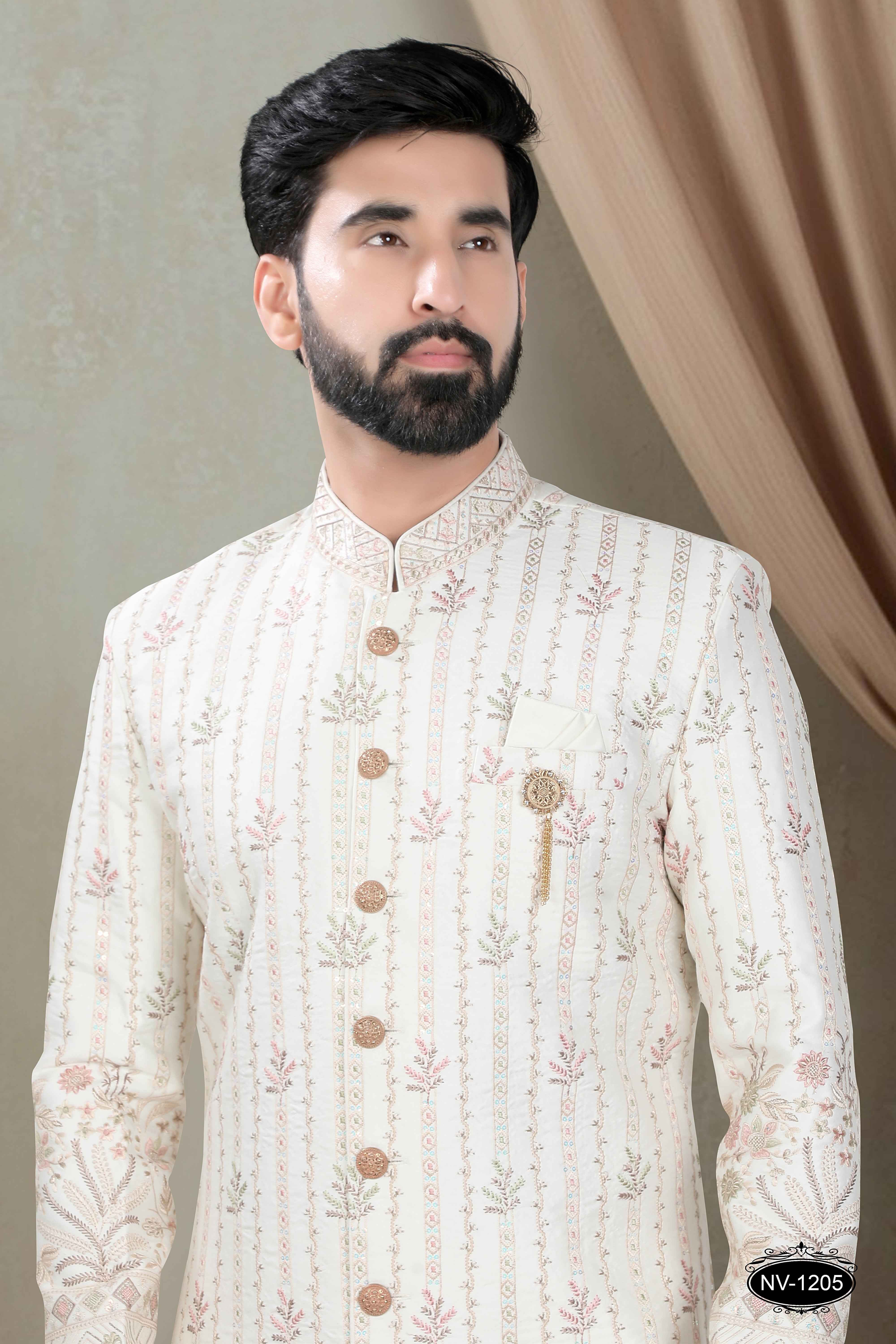 OFF-WHITE ( MULTI-TONE )  INDO-WESTERN SET WITH HEAVY PANEL & THREAD WORK