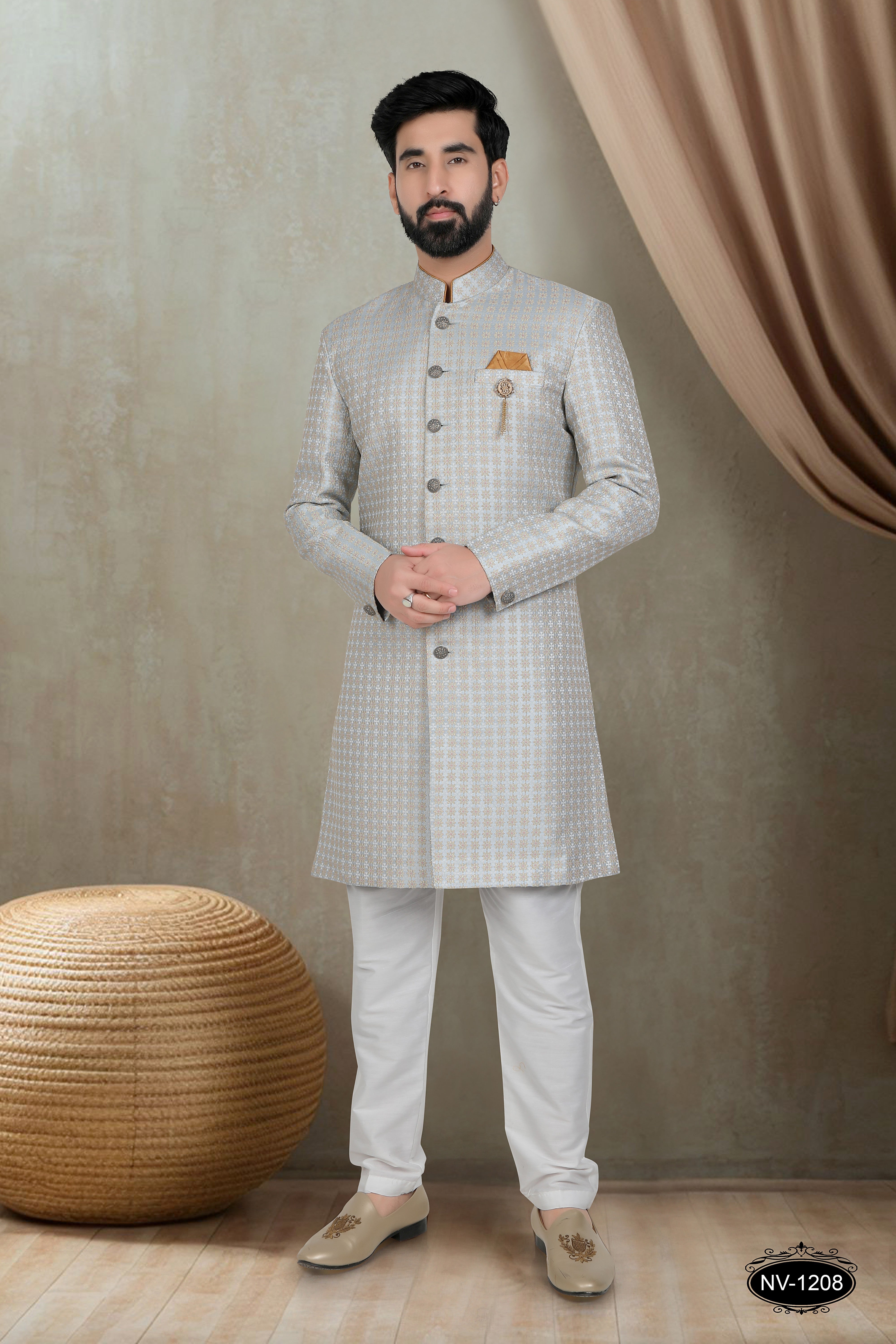 BLUE TONE INDO-WESTERN SET WITH SELF-DESIGN FOR EVERY CEREMONIES