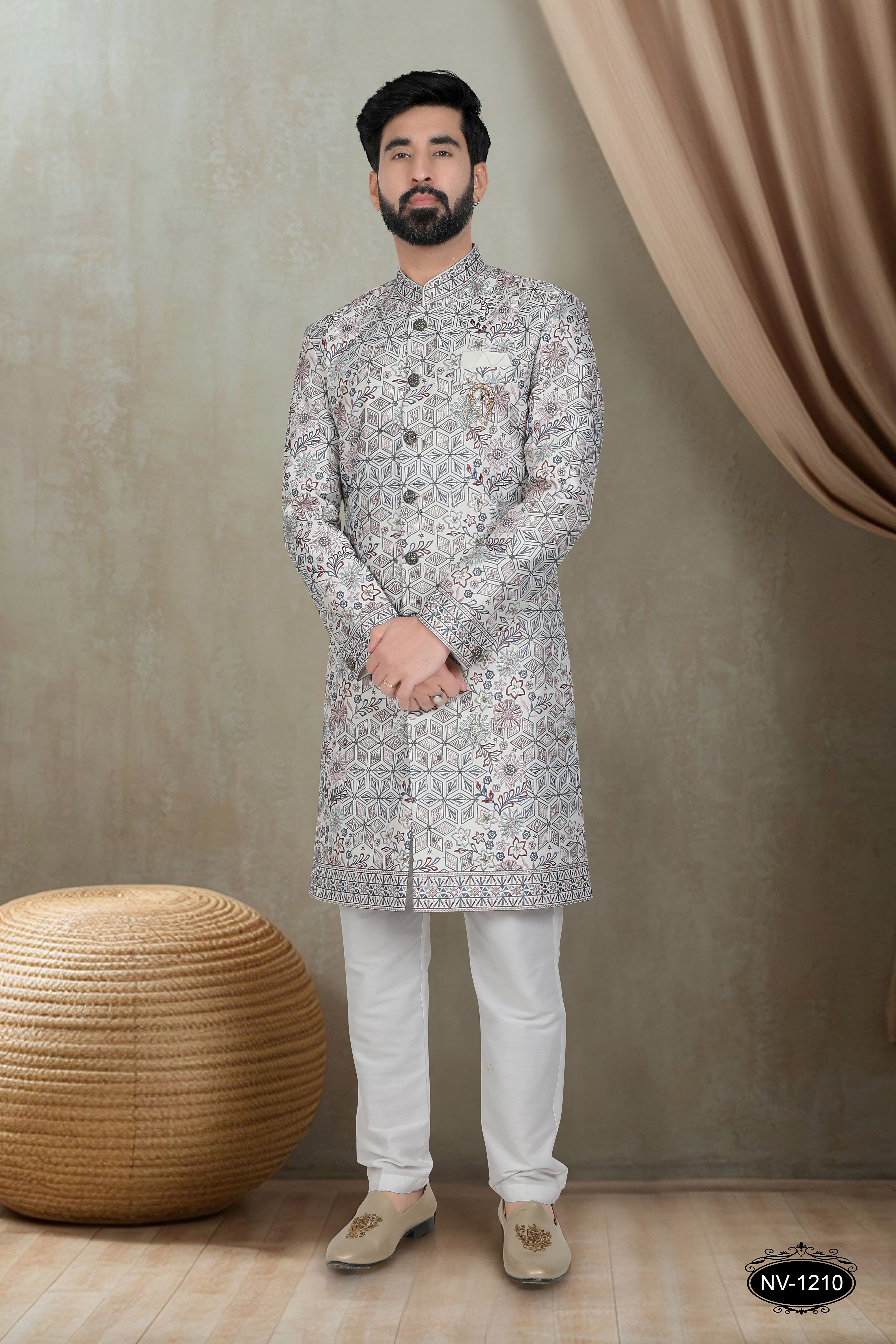 MULTI-TONE ( OFF-WHITE BASE ) INDO-WESTERN SET WITH HEAVY THREAD EMBROIDERY ALL-OVER