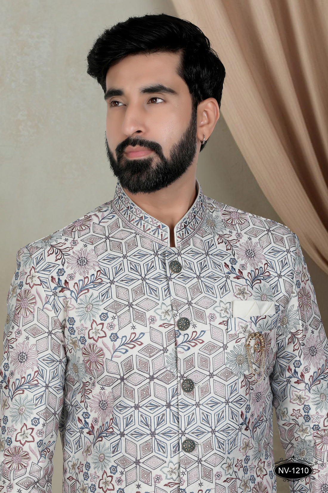 MULTI-TONE ( OFF-WHITE BASE ) INDO-WESTERN SET WITH HEAVY THREAD EMBROIDERY ALL-OVER