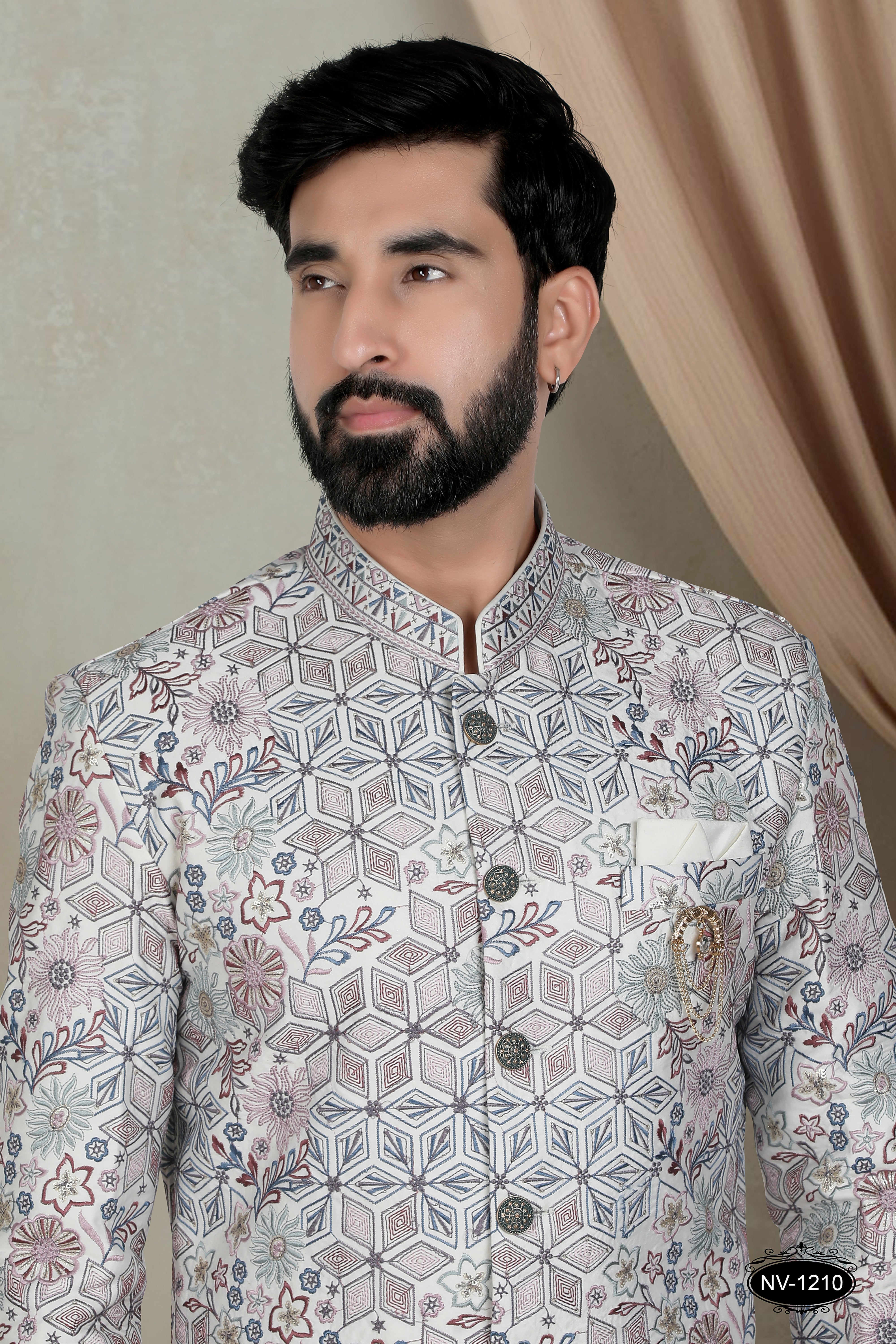 MULTI-TONE ( OFF-WHITE BASE ) INDO-WESTERN SET WITH HEAVY THREAD EMBROIDERY ALL-OVER