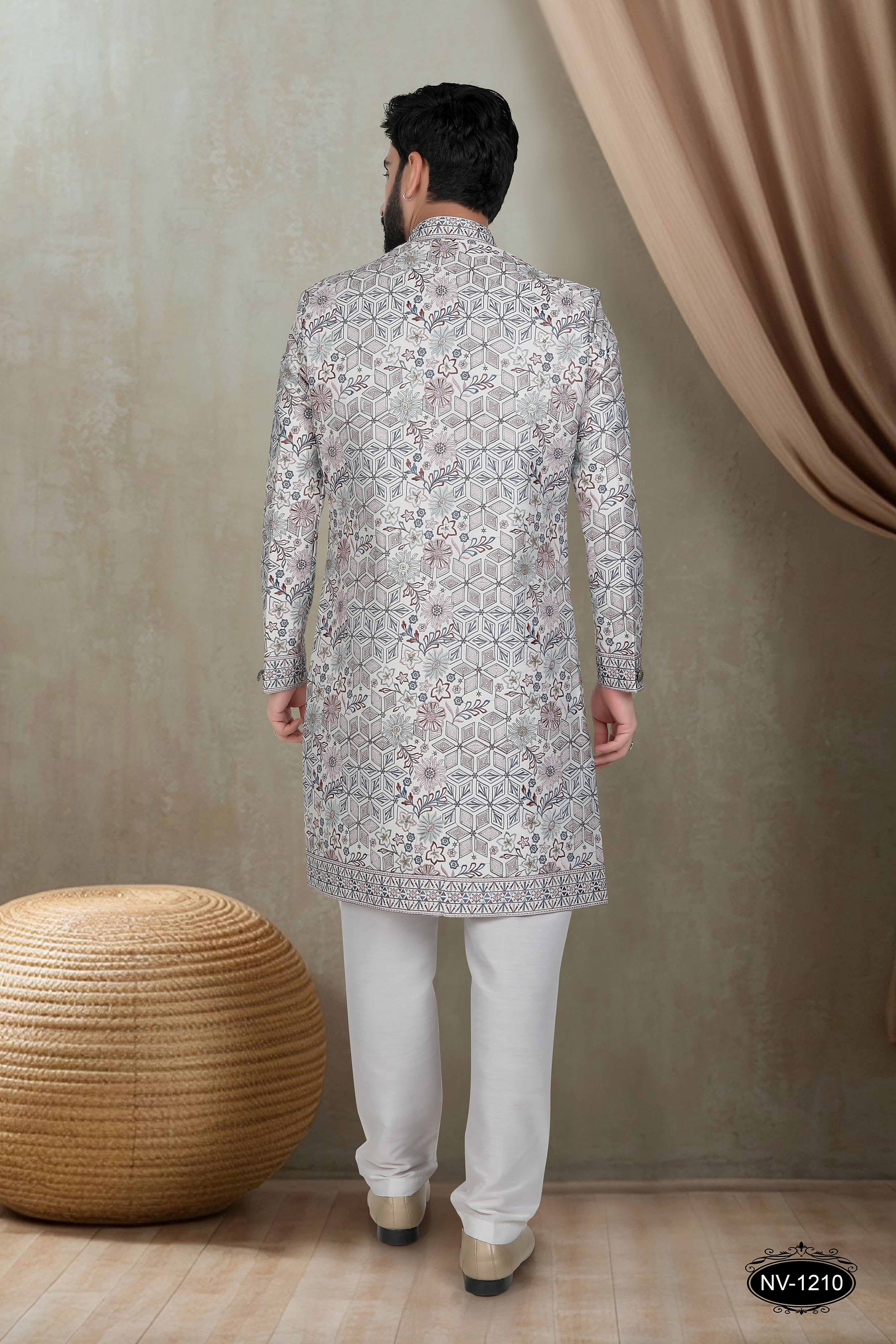 MULTI-TONE ( OFF-WHITE BASE ) INDO-WESTERN SET WITH HEAVY THREAD EMBROIDERY ALL-OVER