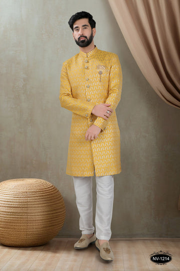 YELLOW TONE INDO-WESTERN SET WITH SELF-DESIGN FOR EVERY CEREMONIES