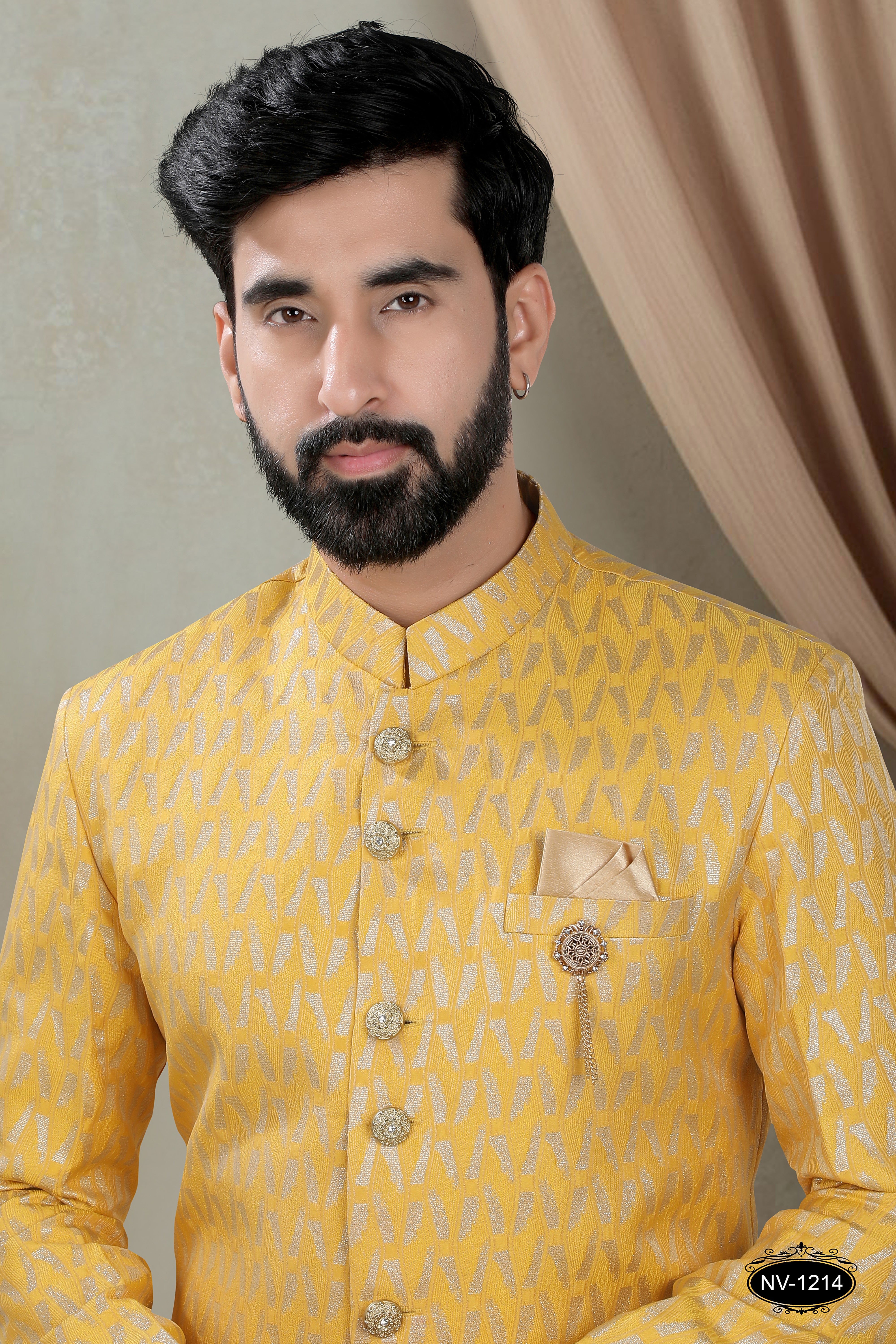 YELLOW TONE INDO-WESTERN SET WITH SELF-DESIGN FOR EVERY CEREMONIES