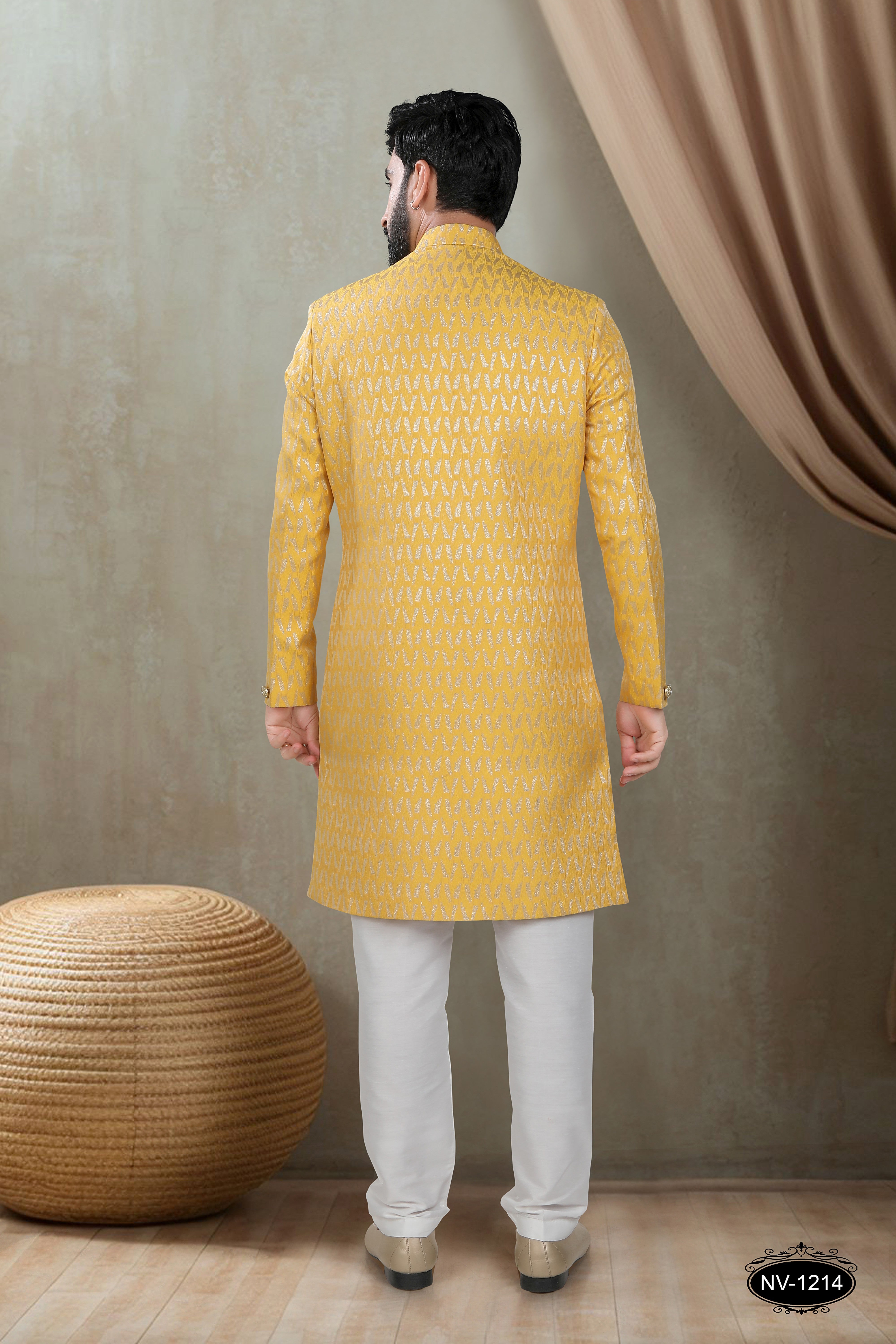 YELLOW TONE INDO-WESTERN SET WITH SELF-DESIGN FOR EVERY CEREMONIES