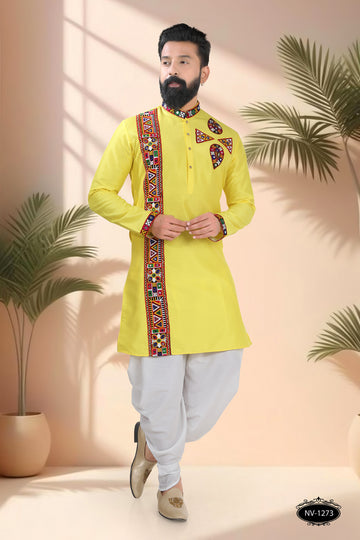 BRIGHT-YELLOW TONE ONLY KURTA WITH LACE & PATCHWORK FOR NAVRATRI