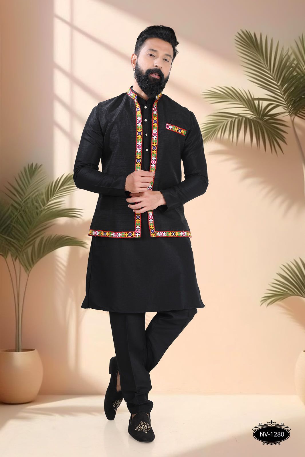 NAVRATRI BLACK SILK KURTA JACKET SET