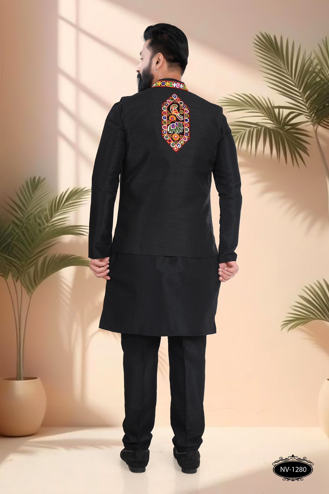 NAVRATRI BLACK SILK KURTA JACKET SET