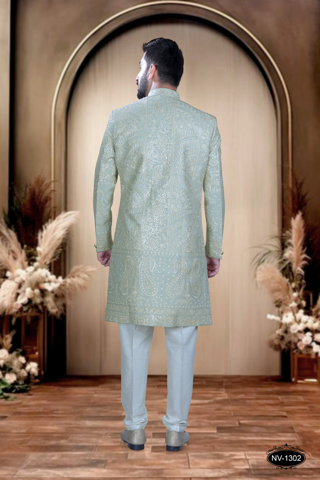ROYAL PASTEL MINT GREEN BASE SHERWANI SET , PERFECT FOR TRADITIONAL OCCASIONS